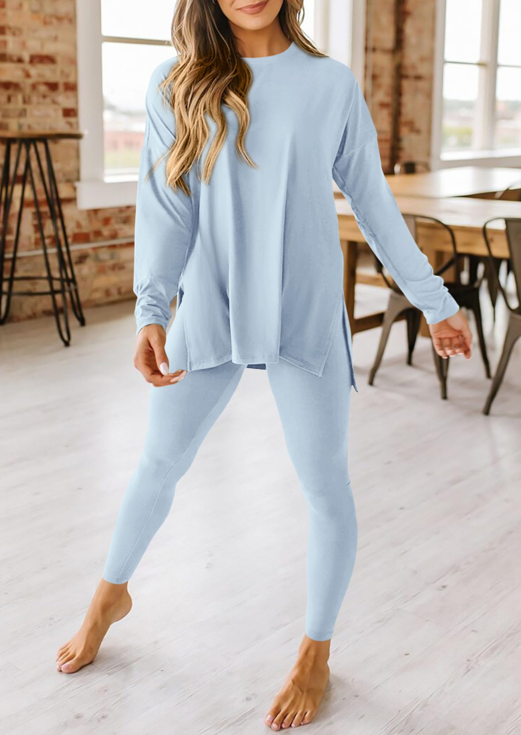 Women's 2 Piece Outfits Matching Lounge Sets,Light Blue,S