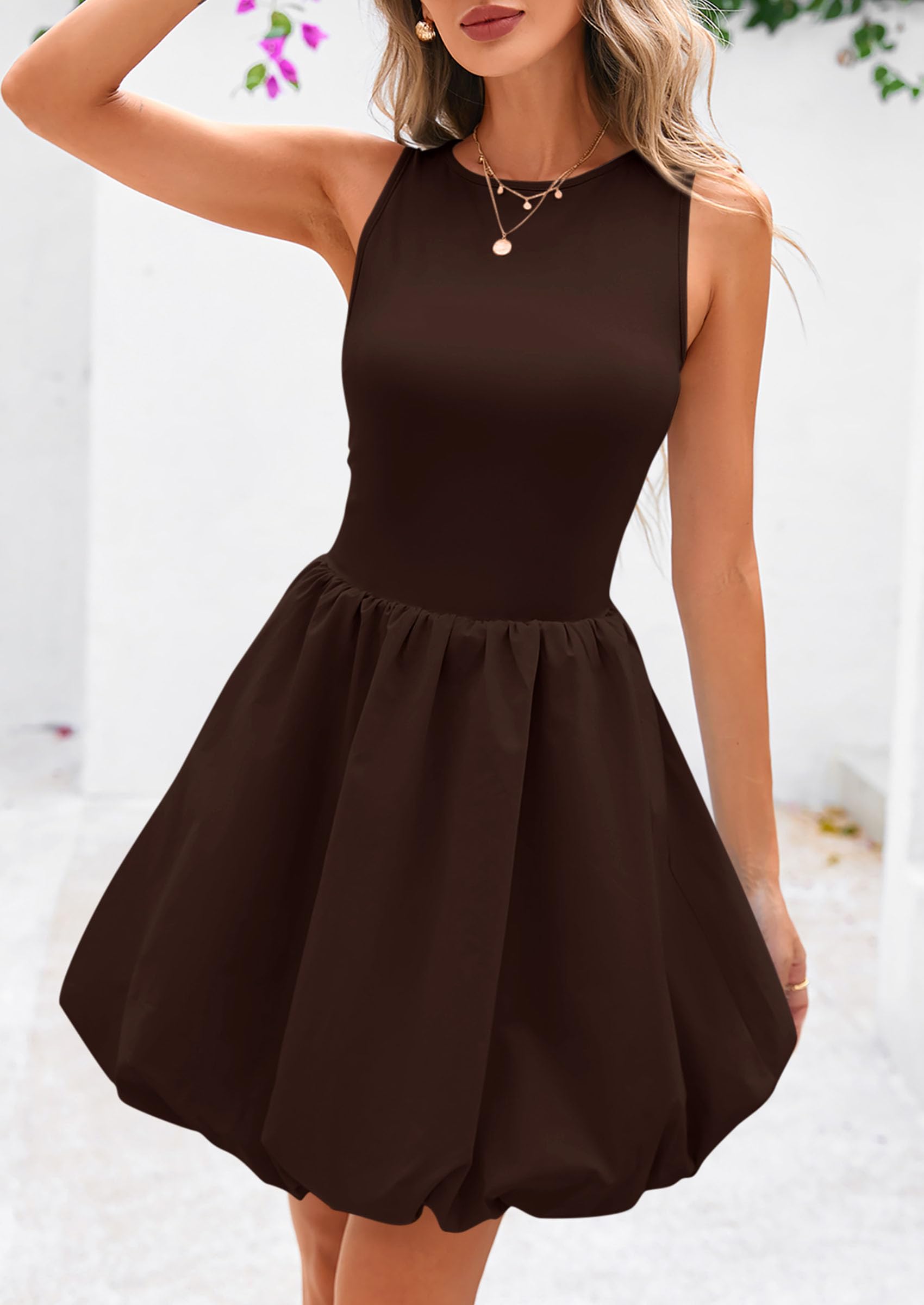 Womens Summer Bubble Sleeveless Mini Dress,Brown,S