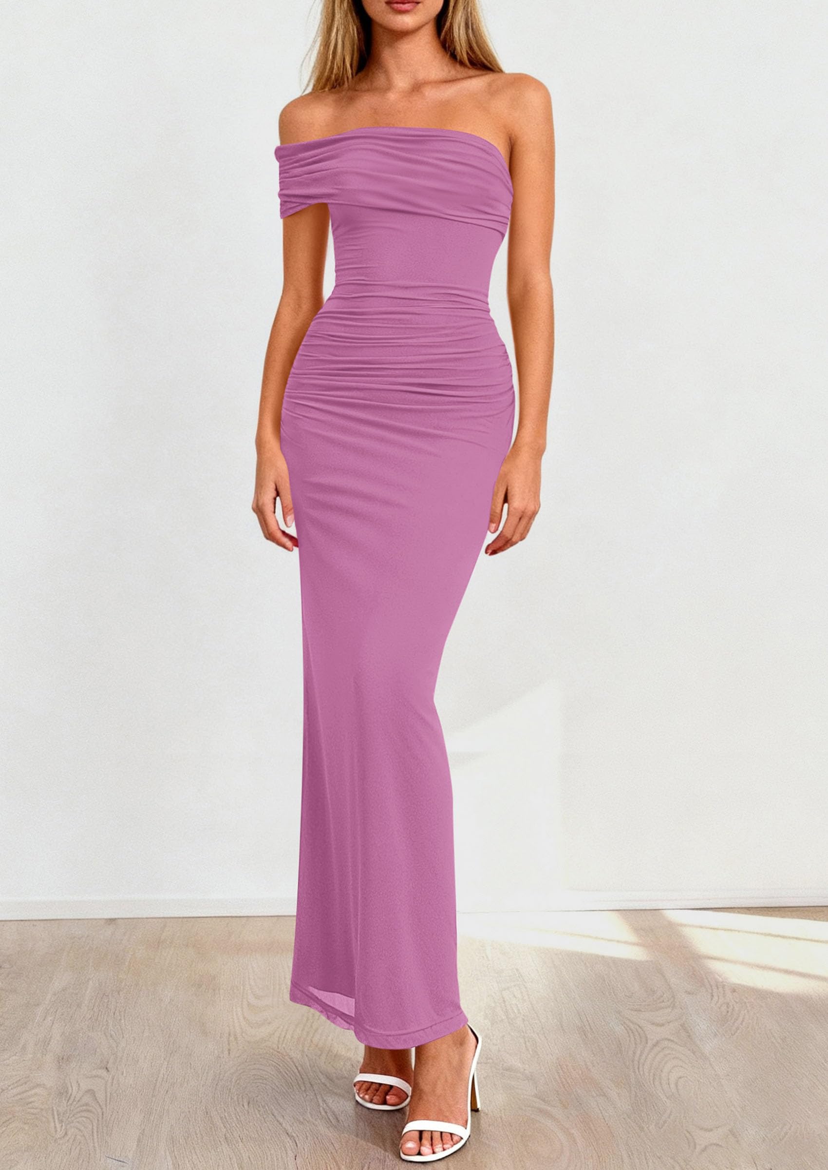 Women's Semi Formal One Off Shoulder Dresses (Grey Purple,S)