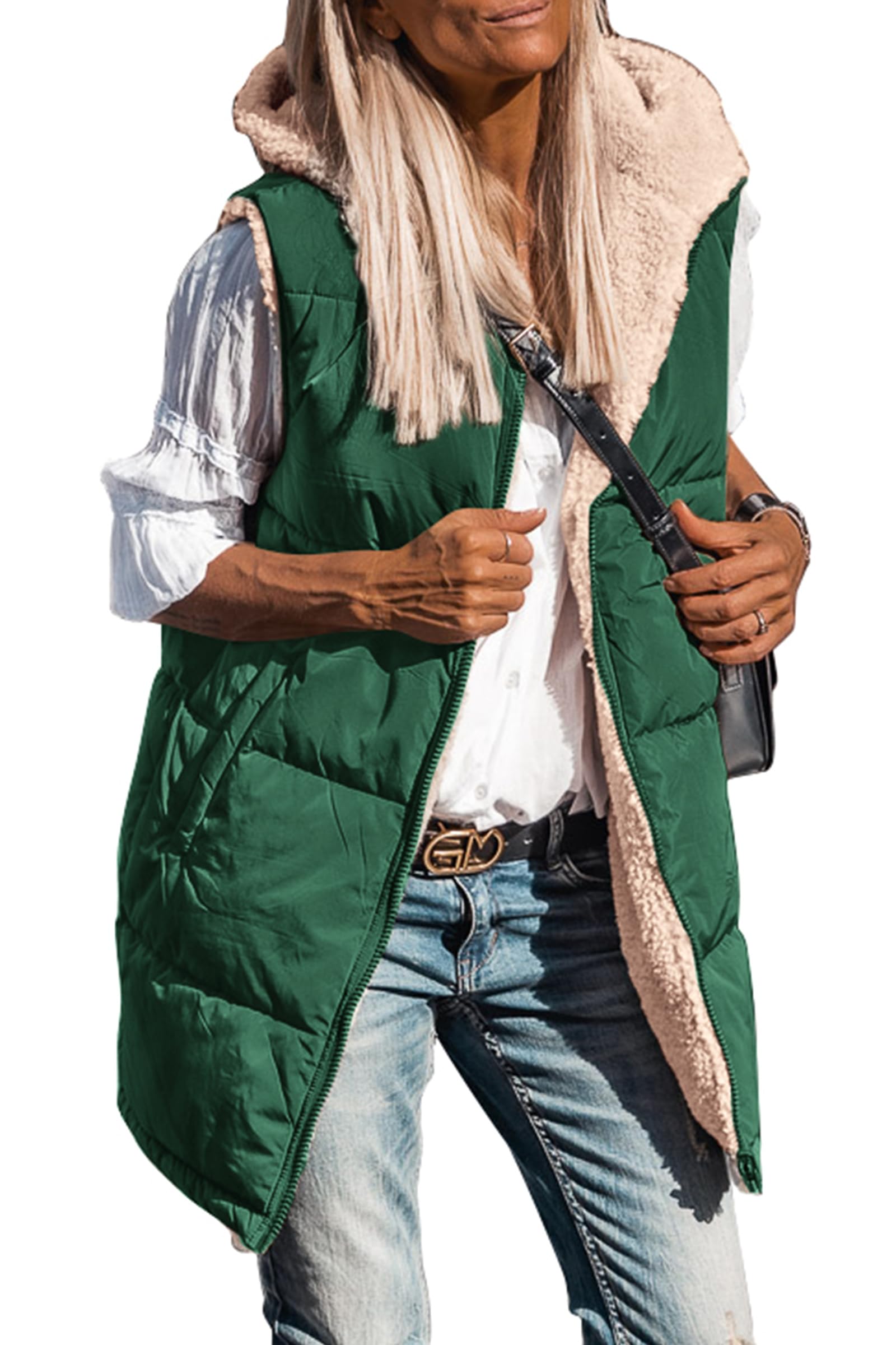 Women's Winter Reversible Fleece Long Vests(Dark Green,M)