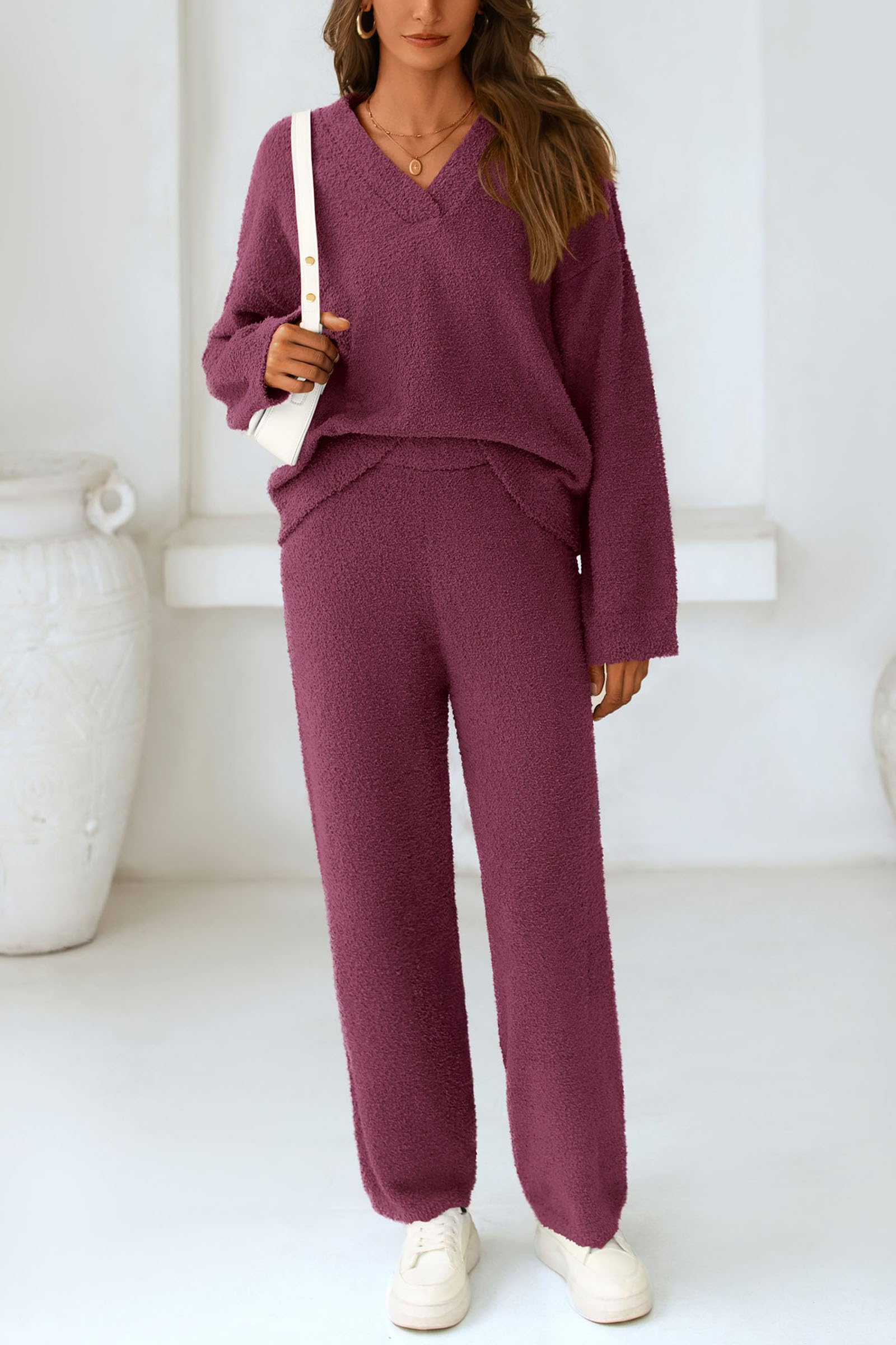 Lounge Sets for Women Fall 2 Piece Fuzzy Sweater Pajama Set