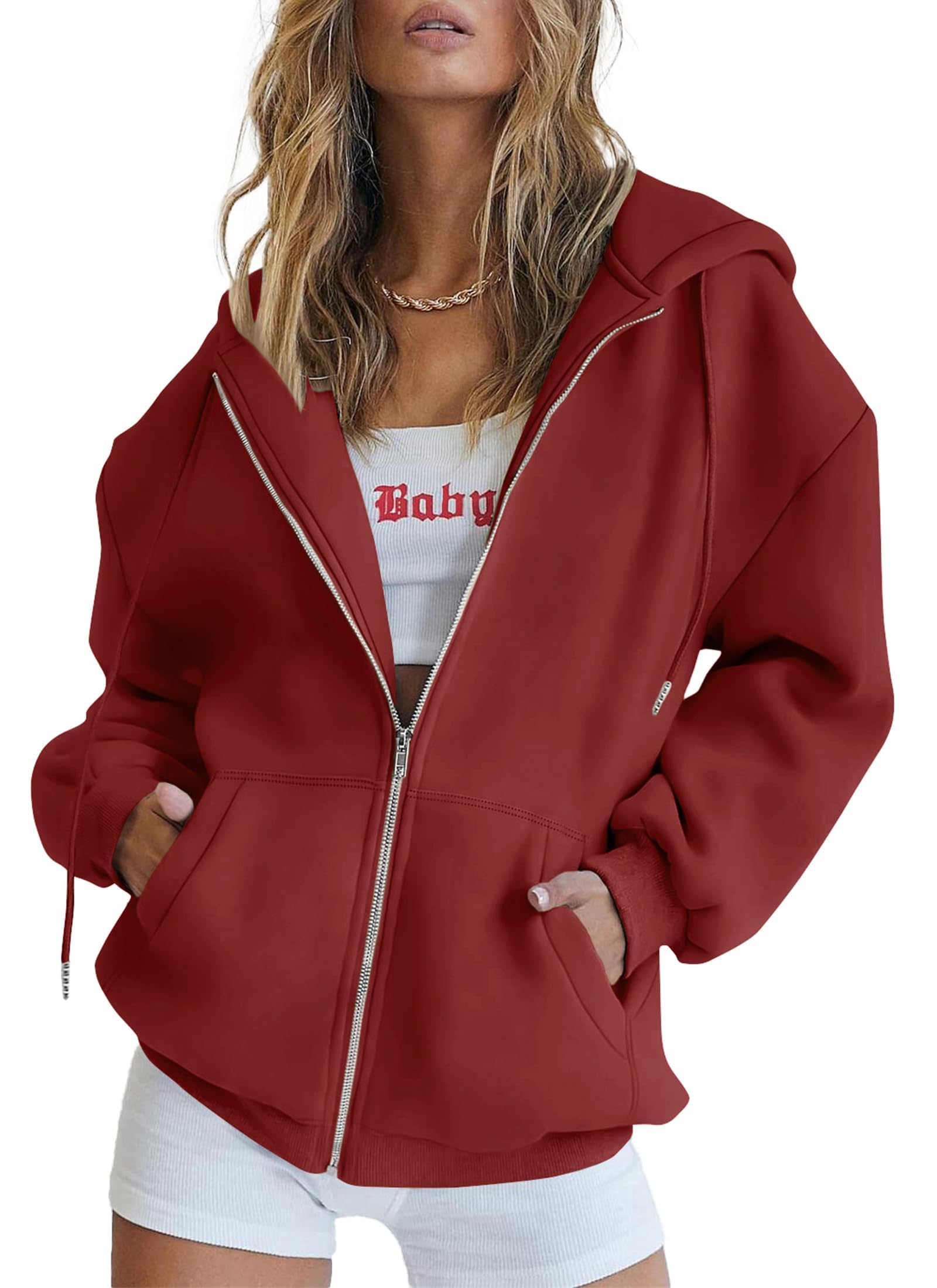Women's Fall Zip Up Hoodies Sweatshirts Brown Red