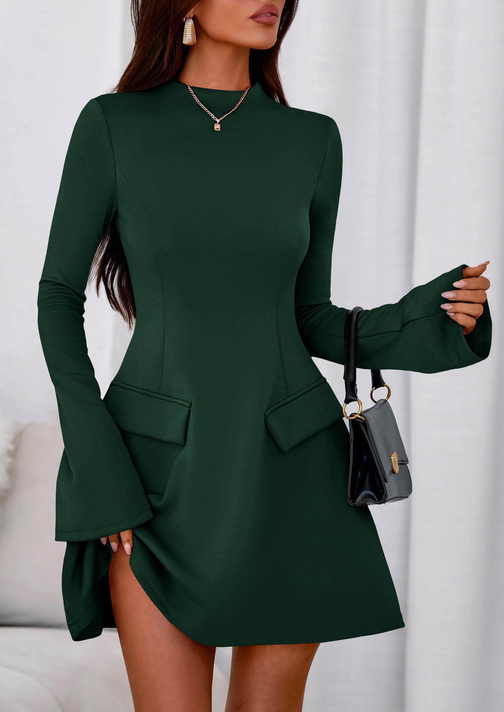 Women's Fall Bell Sleeve Short Dress,Dark Green,XS