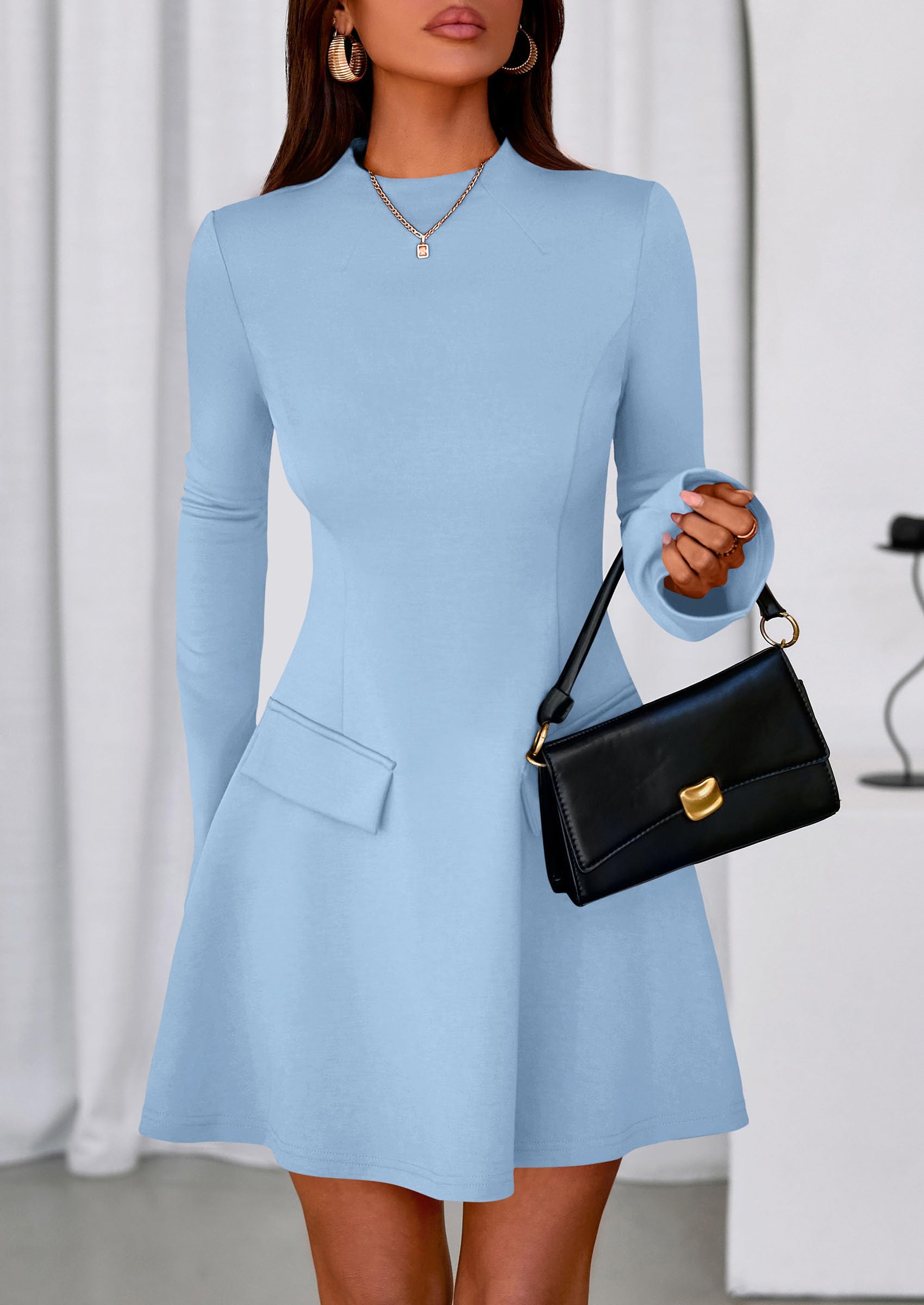 Women's Fall Bell Sleeve Short Dress,Light Blue,XS