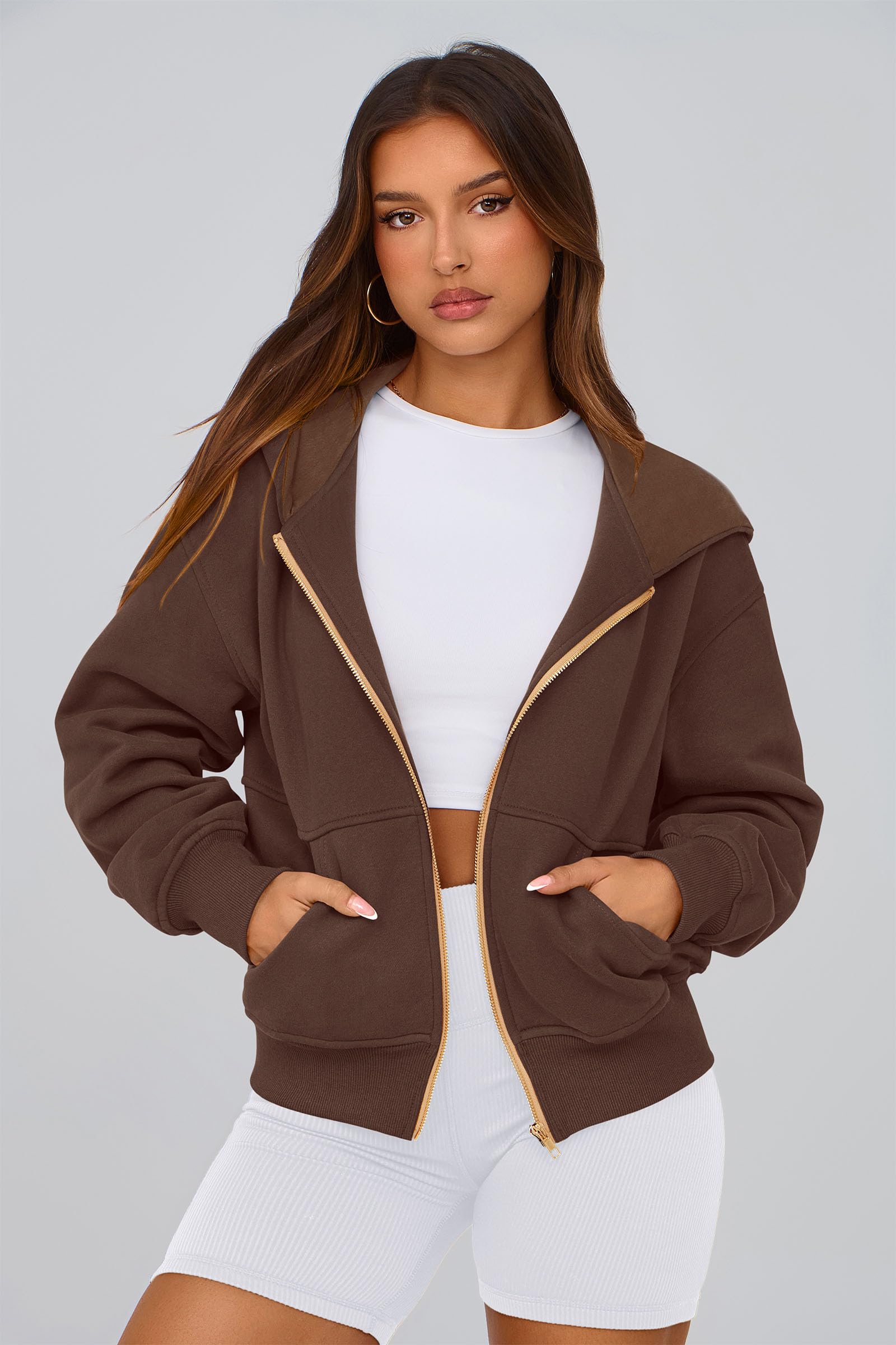 Hoodies for Women Fall Fashion Zip Up Fleece Plain Sweatshirt