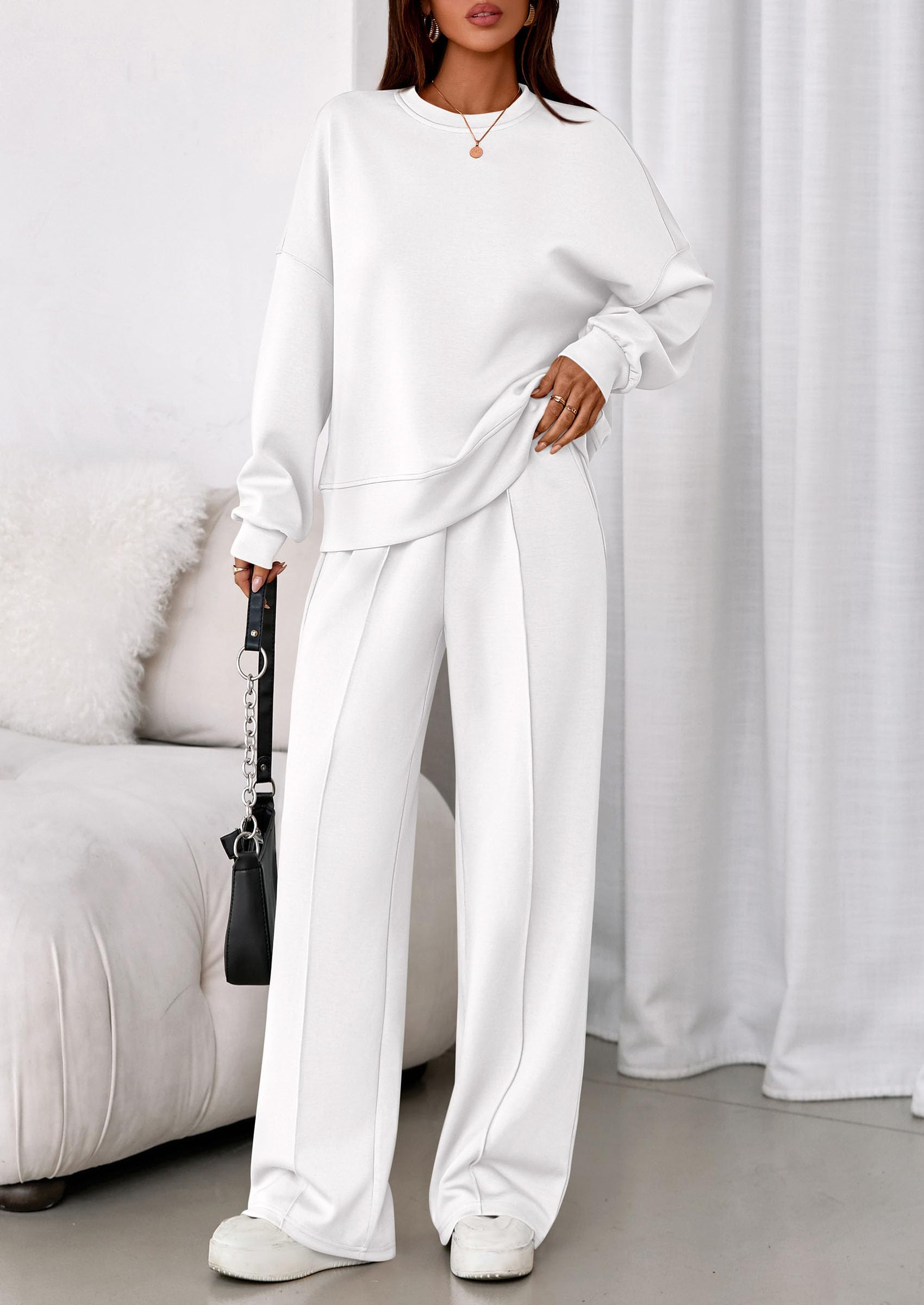 Womens Long Sleeve Sweatshirt 2 Piece Sets,White,S