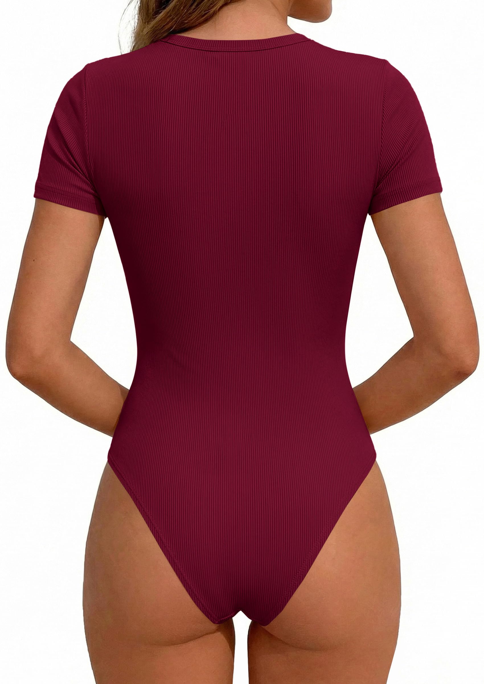 Body Suits for Womens Short Sleeve Summer Tops, Burgundy,S