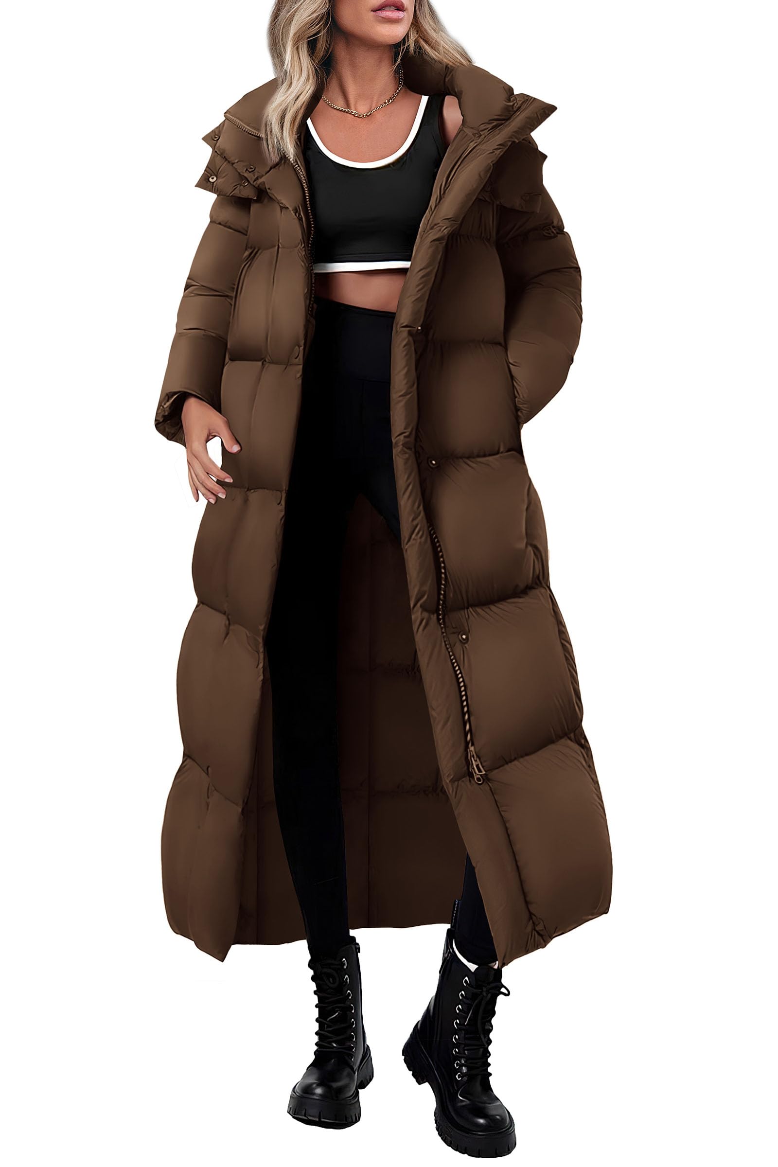 Women's Trendy Winter Long Puffer Coats(Dark Brown,X-Small)