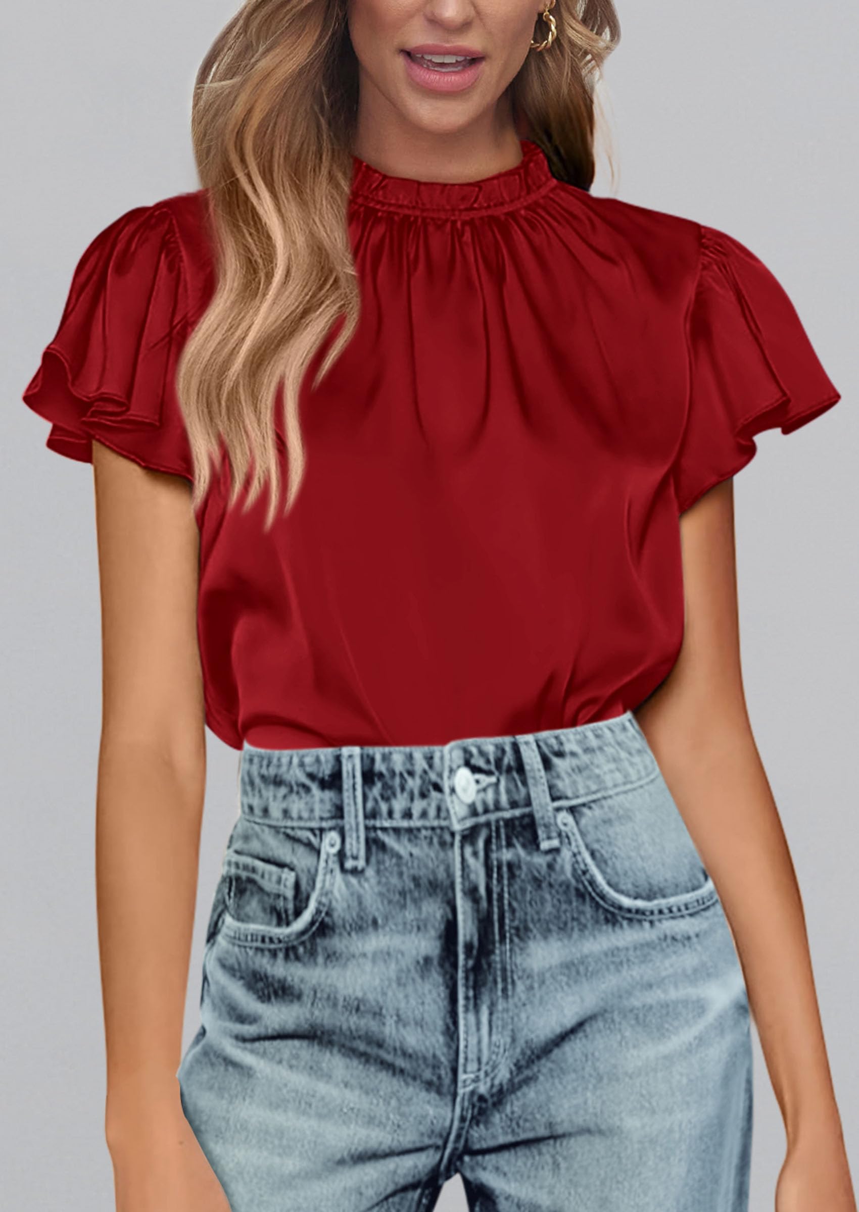 Women's Satin Tops Business Casual Work Blouses, Red,S