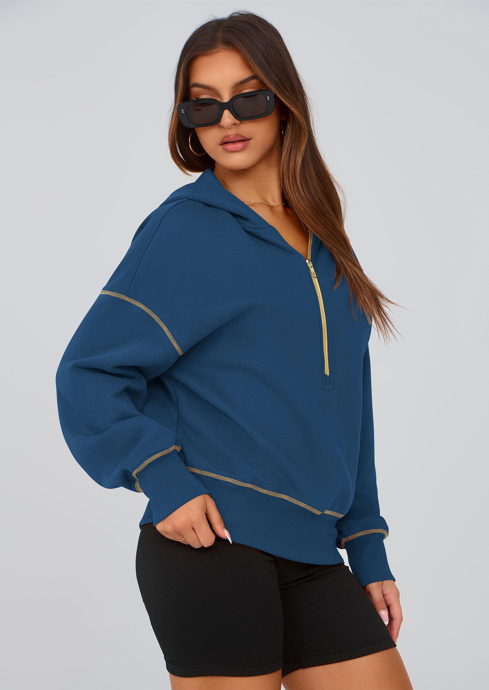 Women's Fall Half Zip Cropped Hoodie Sweatshirt Dark Blue