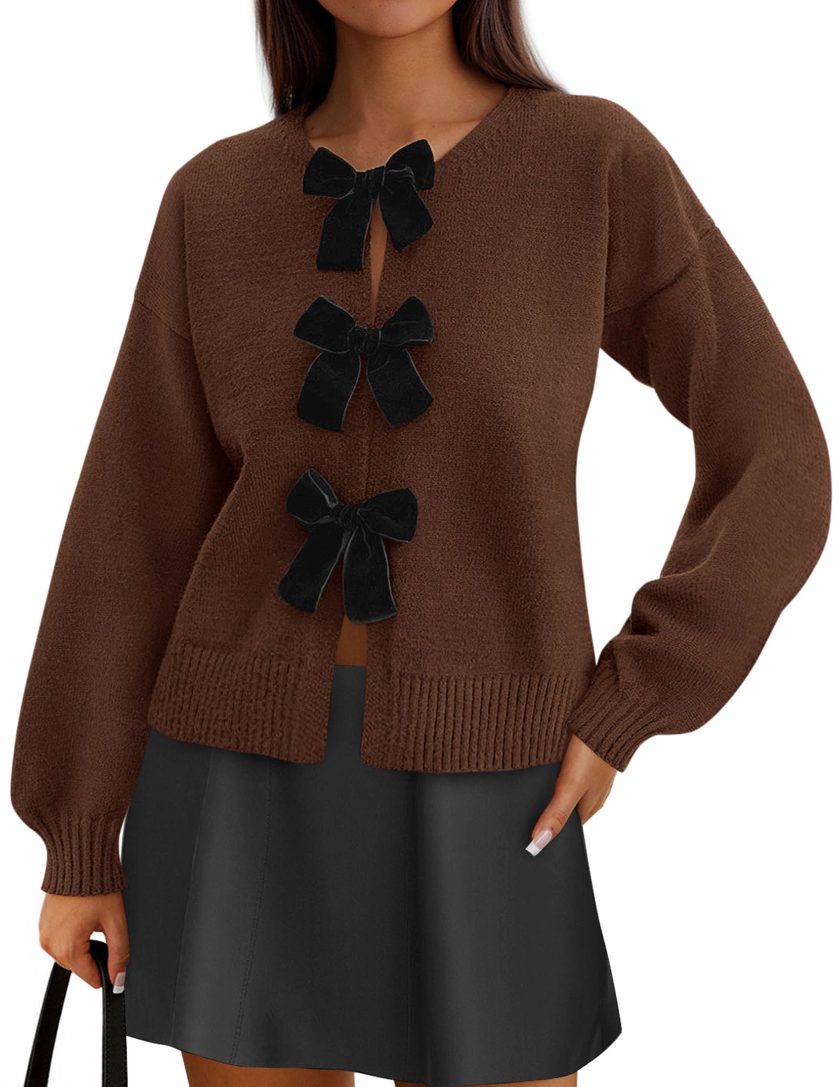 Women's Fall Bow Tie Front Cardigan Sweaters,Brown,S