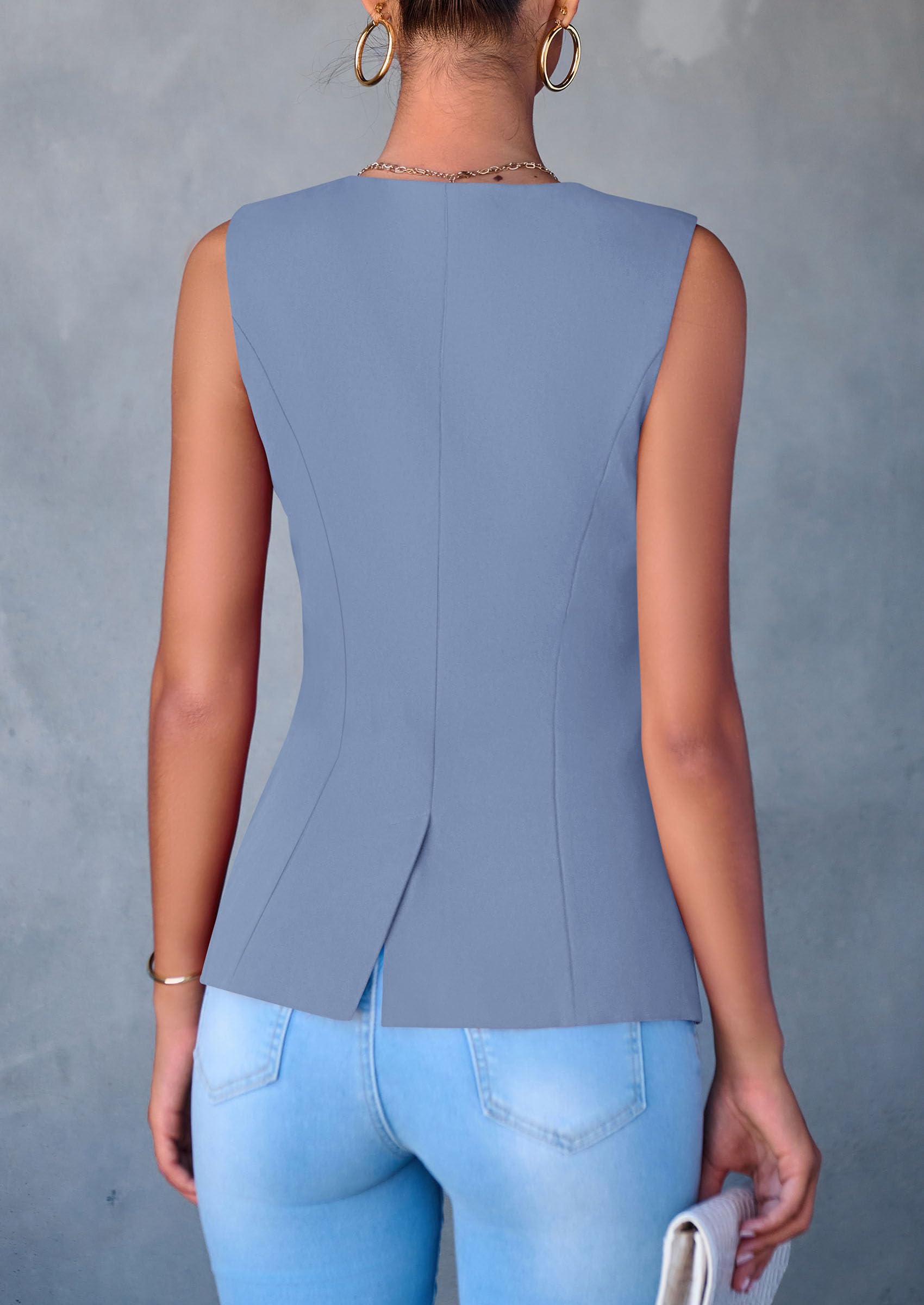 Women Tailored Suit Vest Business Casual Tops, Dusty Blue,S