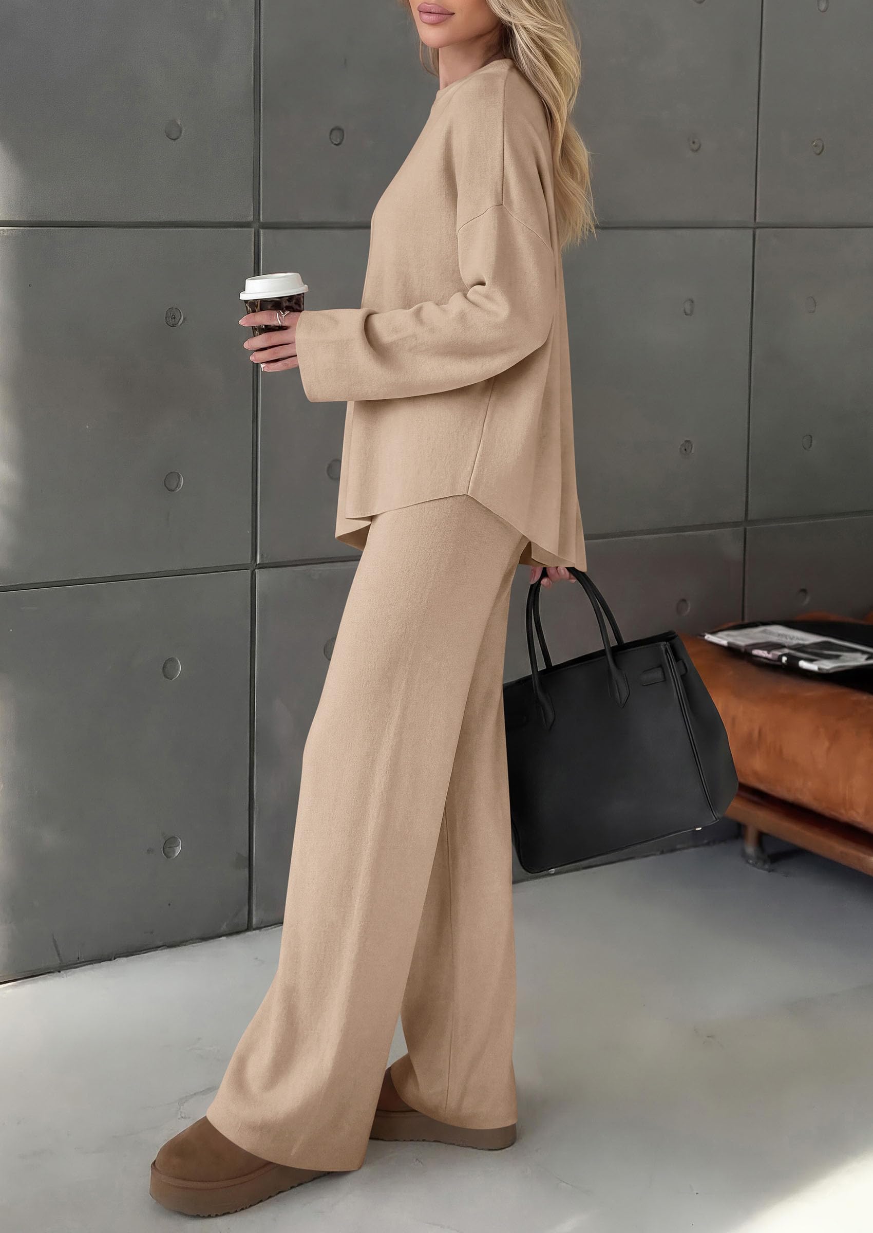 Womens Fall 2 Piece Asymmetric Cozy Sweater Travel Lounge Sets