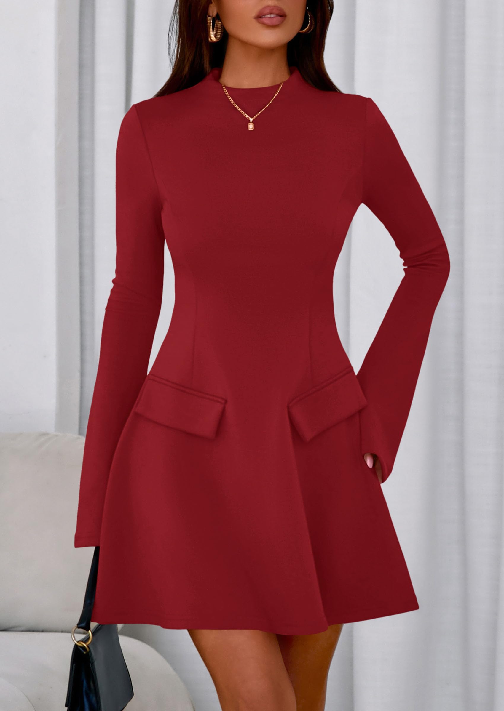 Women's Fall Bell Sleeve Short Dress,Red,XS