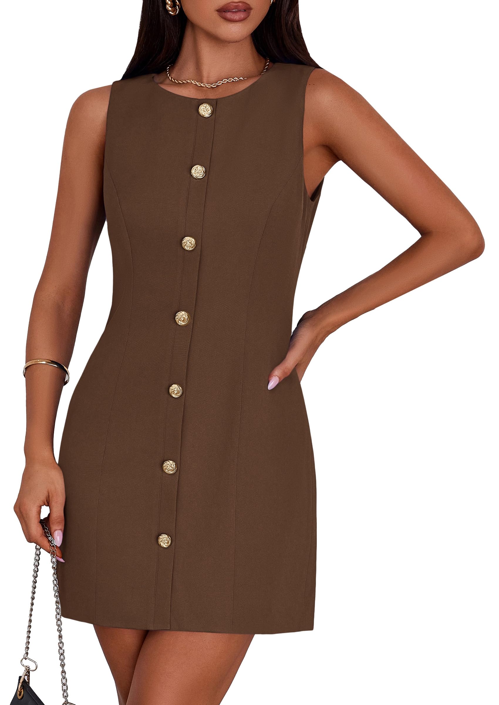Women Business Casual Cocktail Work Short Dress,Brown,S