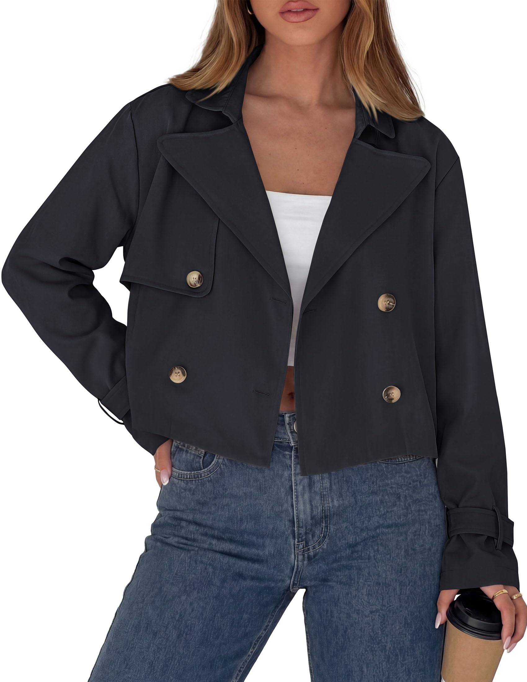 Cropped Trench Coat For Women Short Jacket,Navy Blue,S
