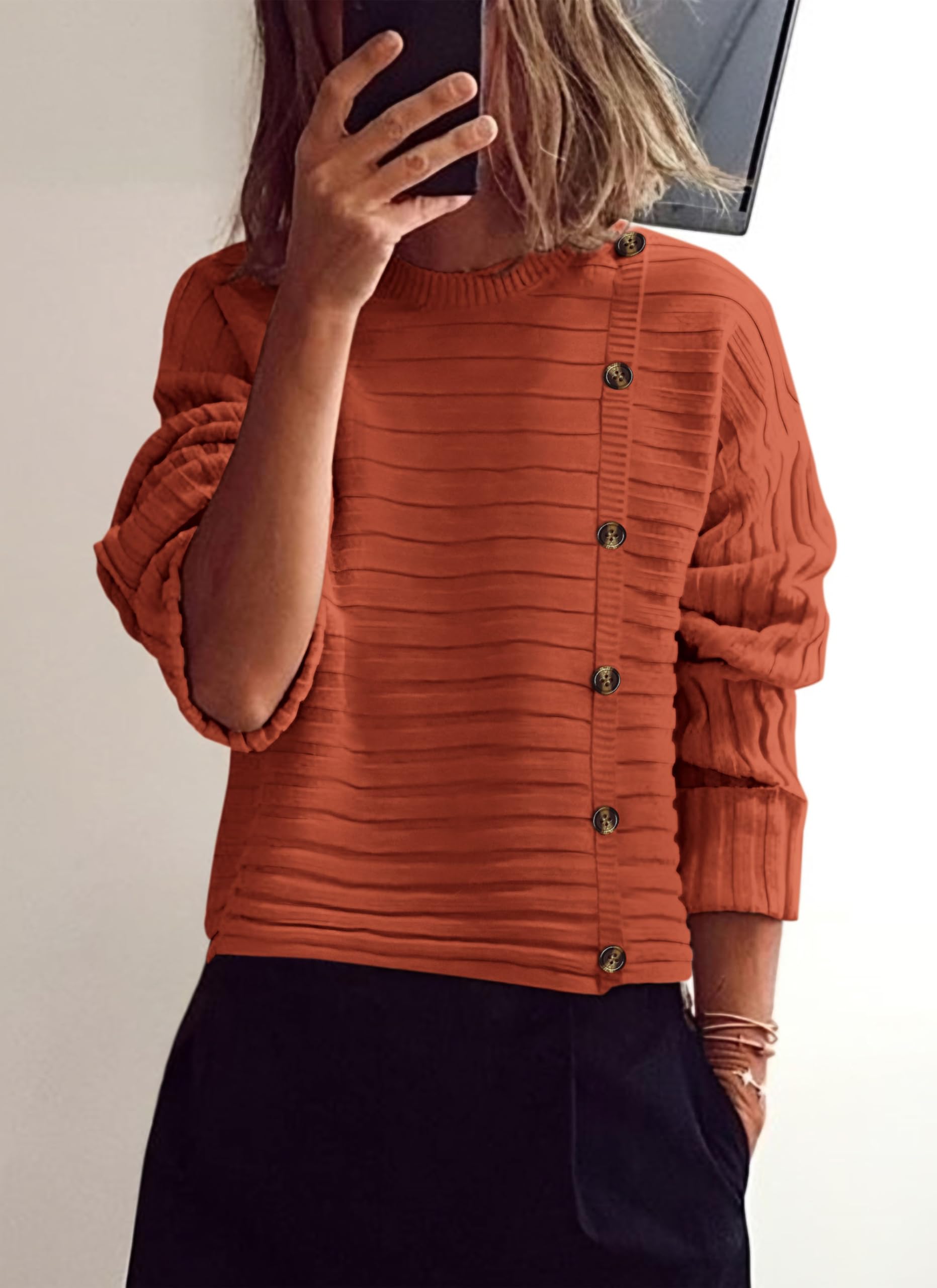 Womens Asymmetric Button Long Sleeve Sweater,Rust Red,S