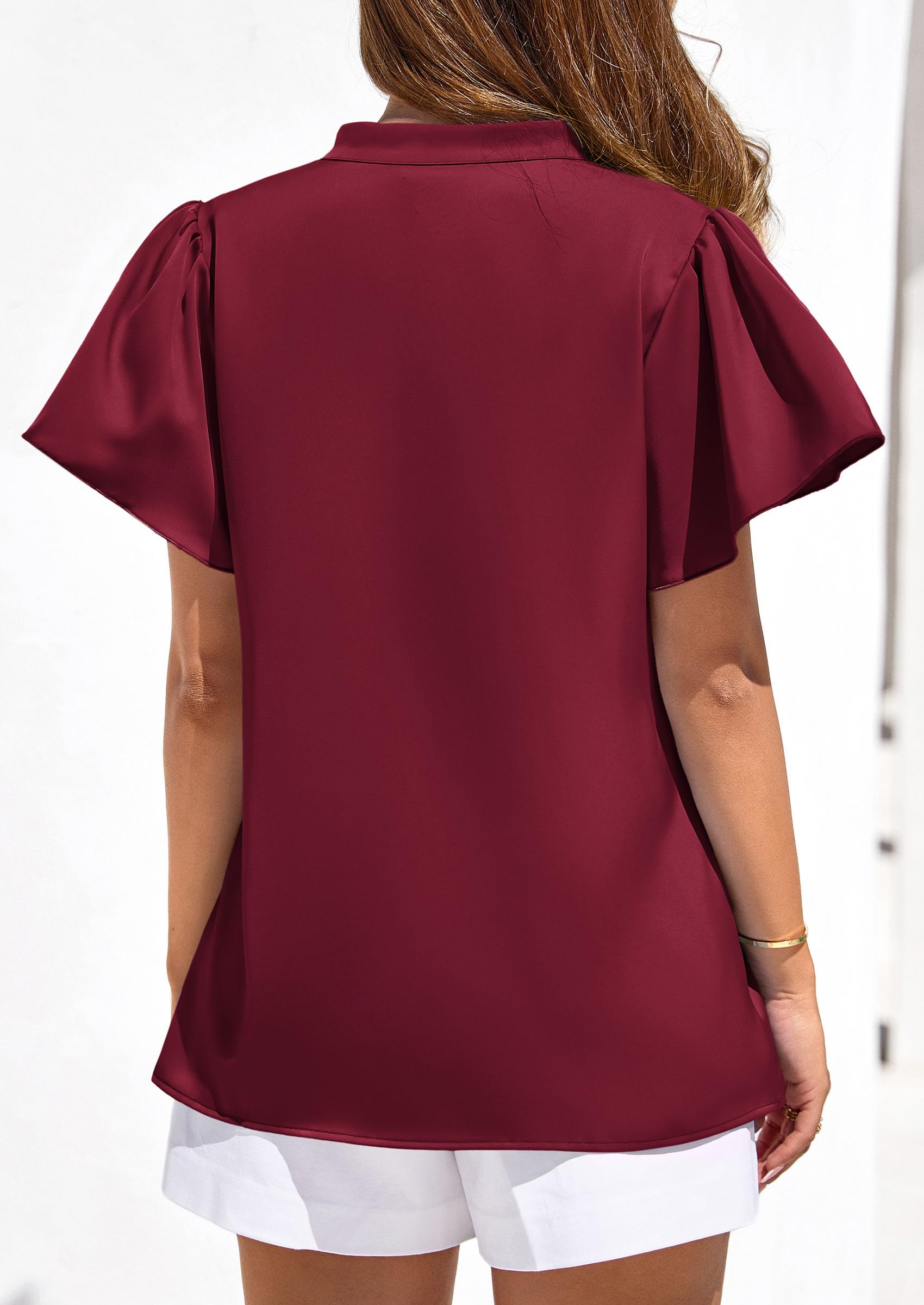 Women's Summer Satin Dressy Casual Blouses (Burgundy,M)