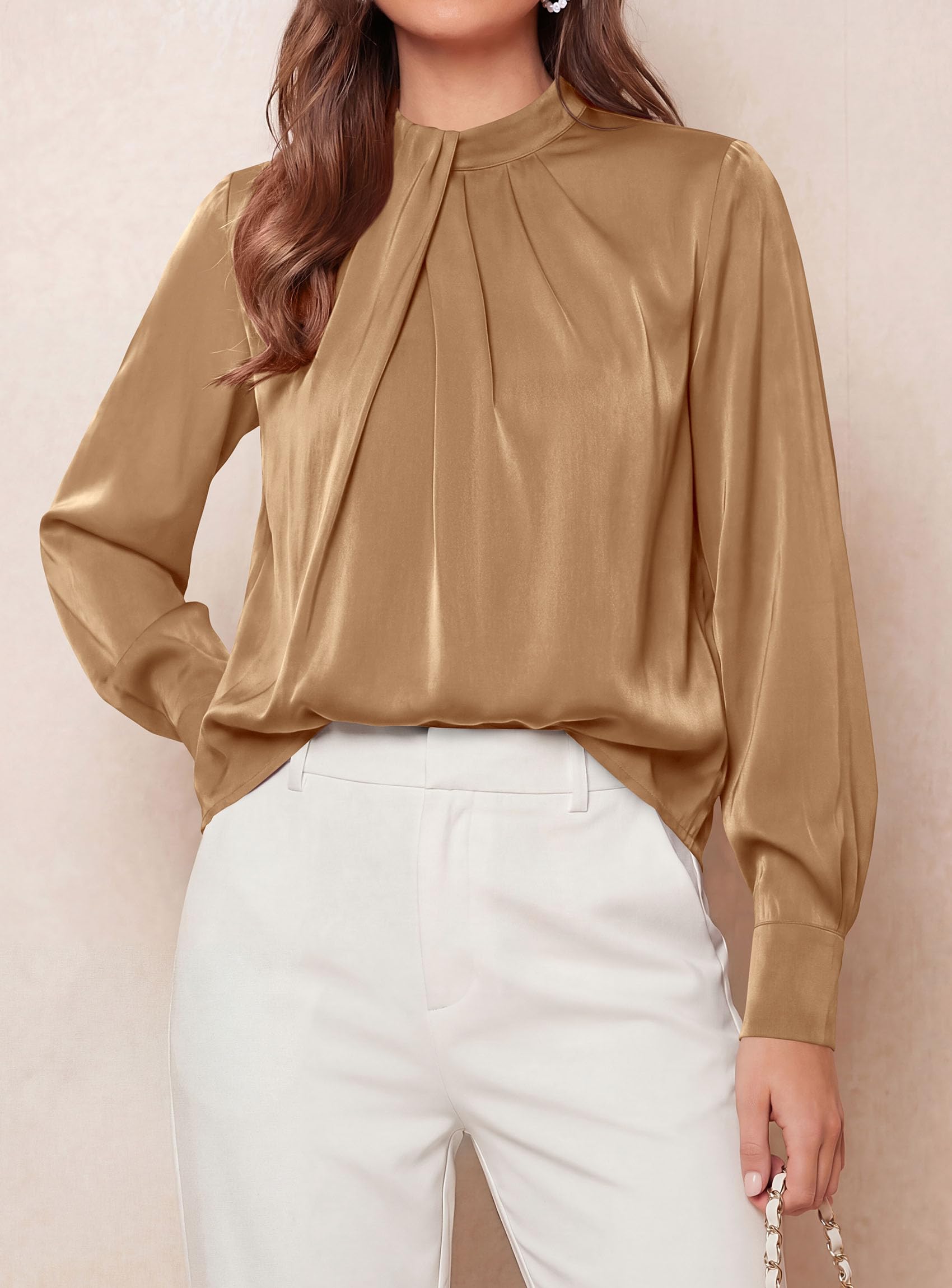 Satin Blouses for Women Dressy Casual Long Sleeve Shirts Khaki