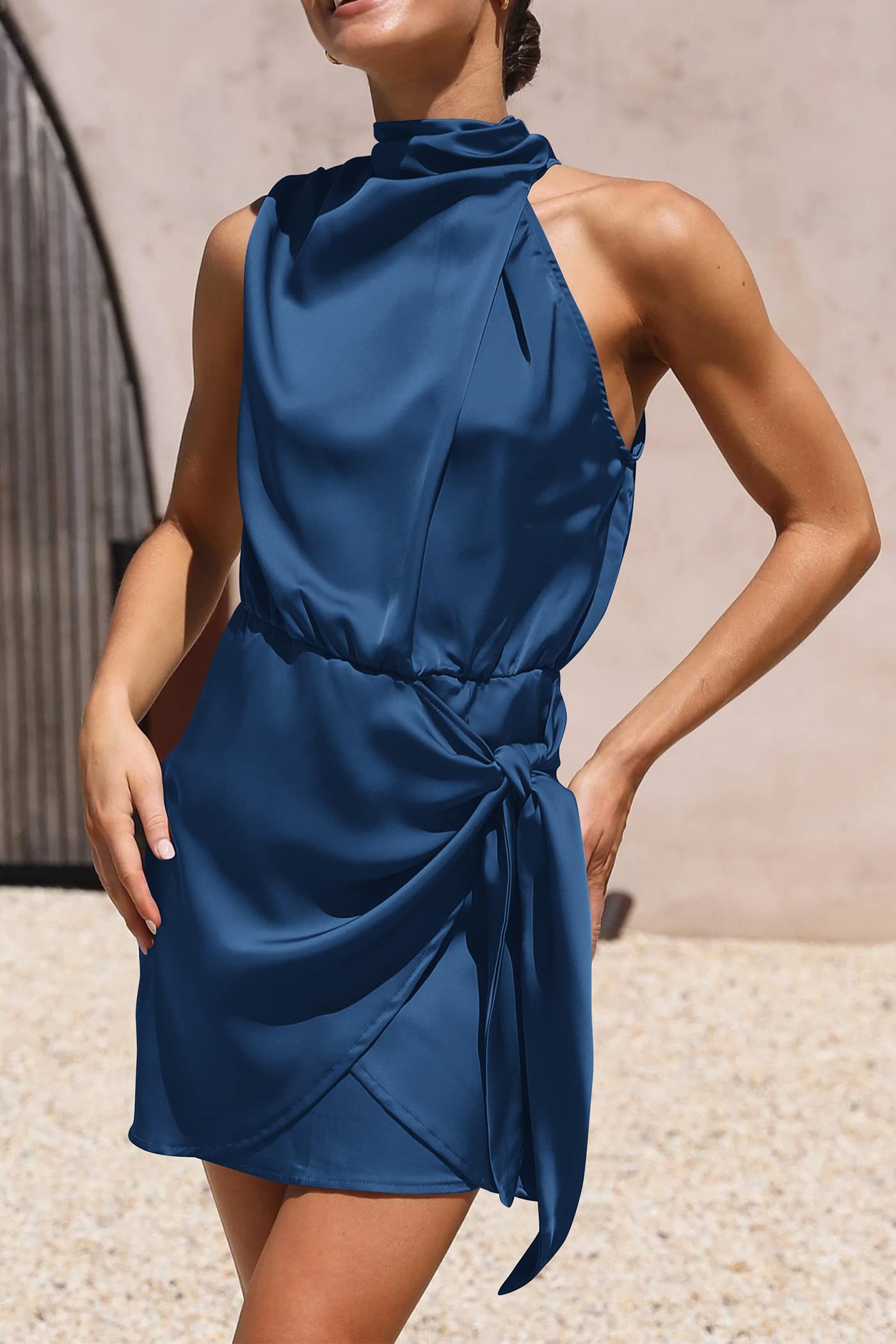 Women's Formal Short Satin Cocktail Dress Dark Blue