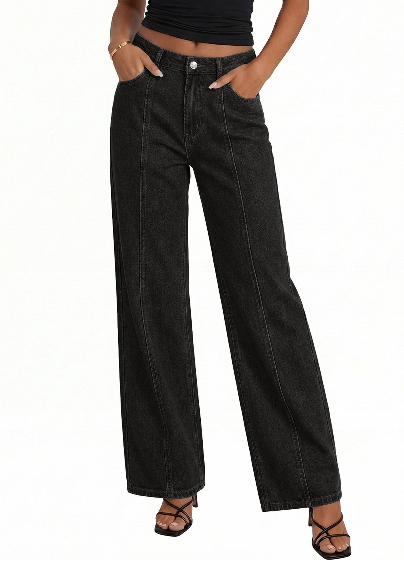 Women's Wide Leg Jeans Stretchy Baggy Denim Pants,Black,4
