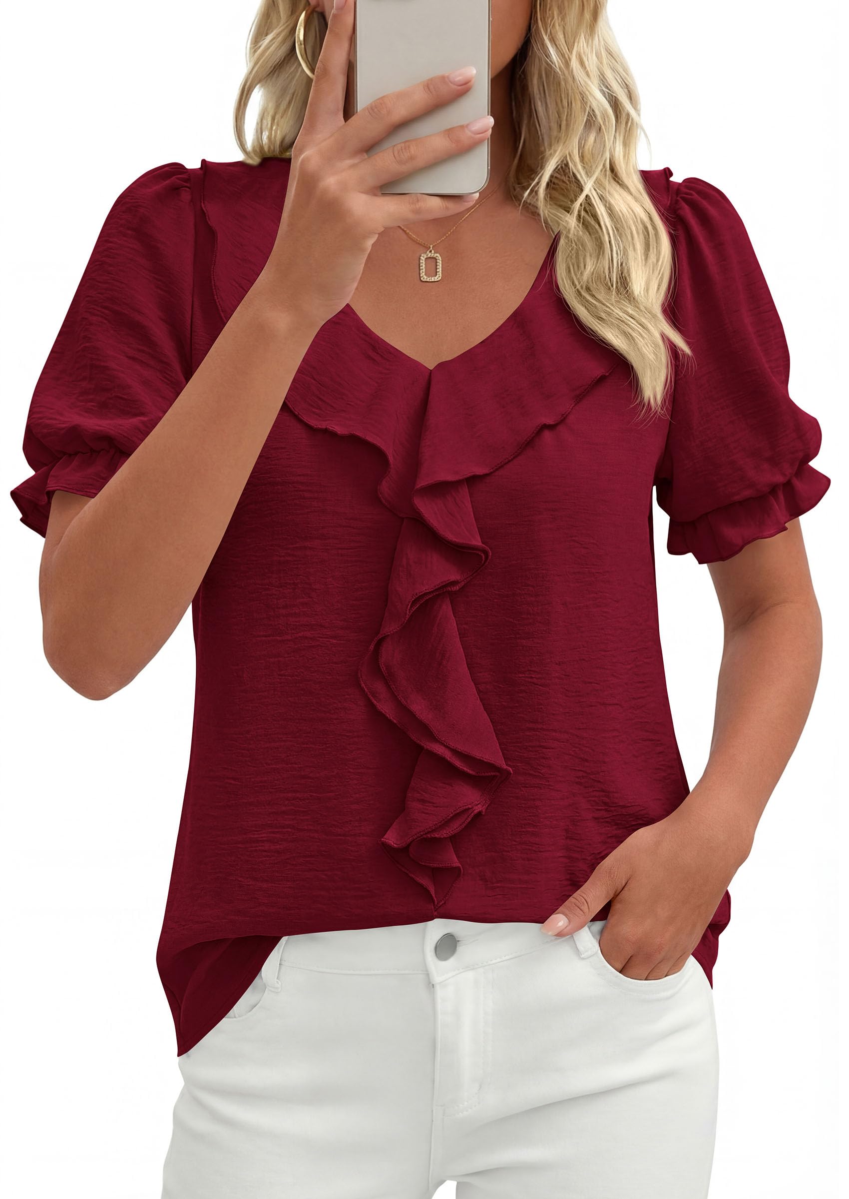 Women's Summer Ruffle Dressy Casual Blouses (Burgundy,S)