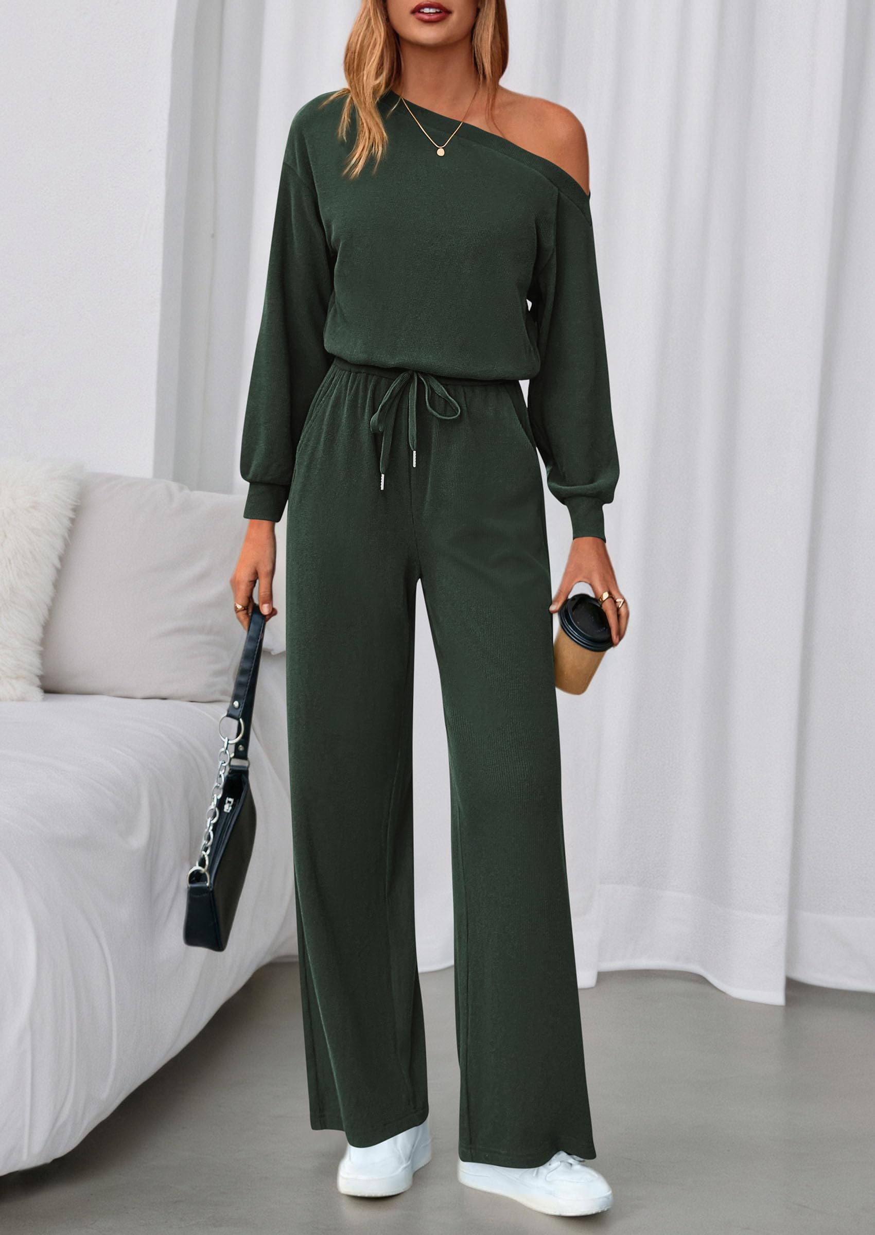 Womens Off Shoulder Long Sleeve Jumpsuit,Dark Army Green,S