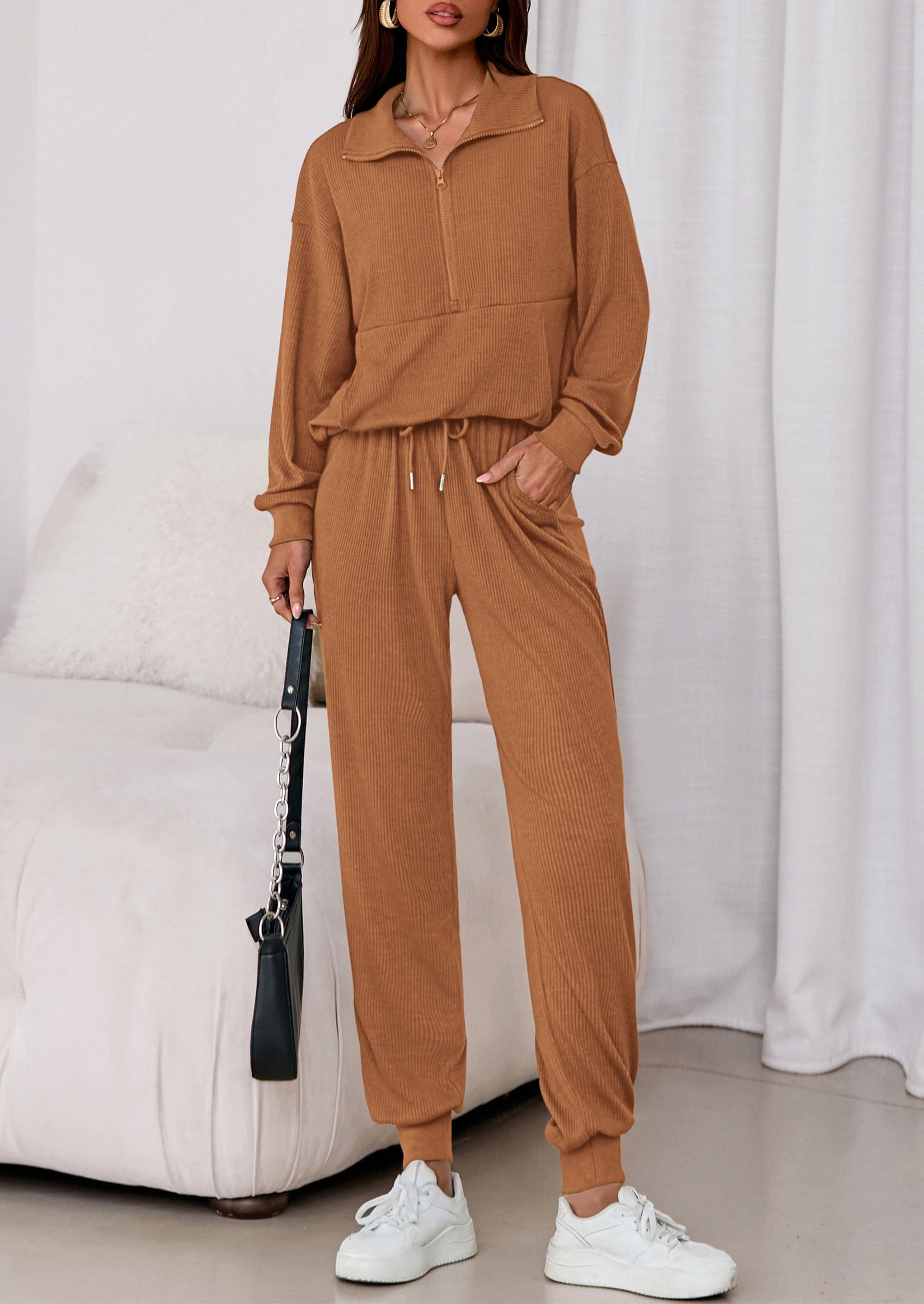 Airport Travel Outfit Women Ribbed Knit Matching Lounge Sets