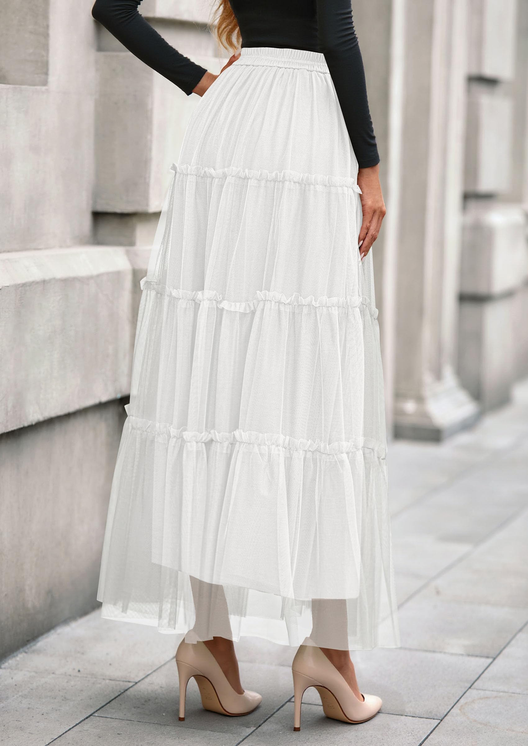 Women's Fall Soft Tulle Tiered Long Skirt,White,S