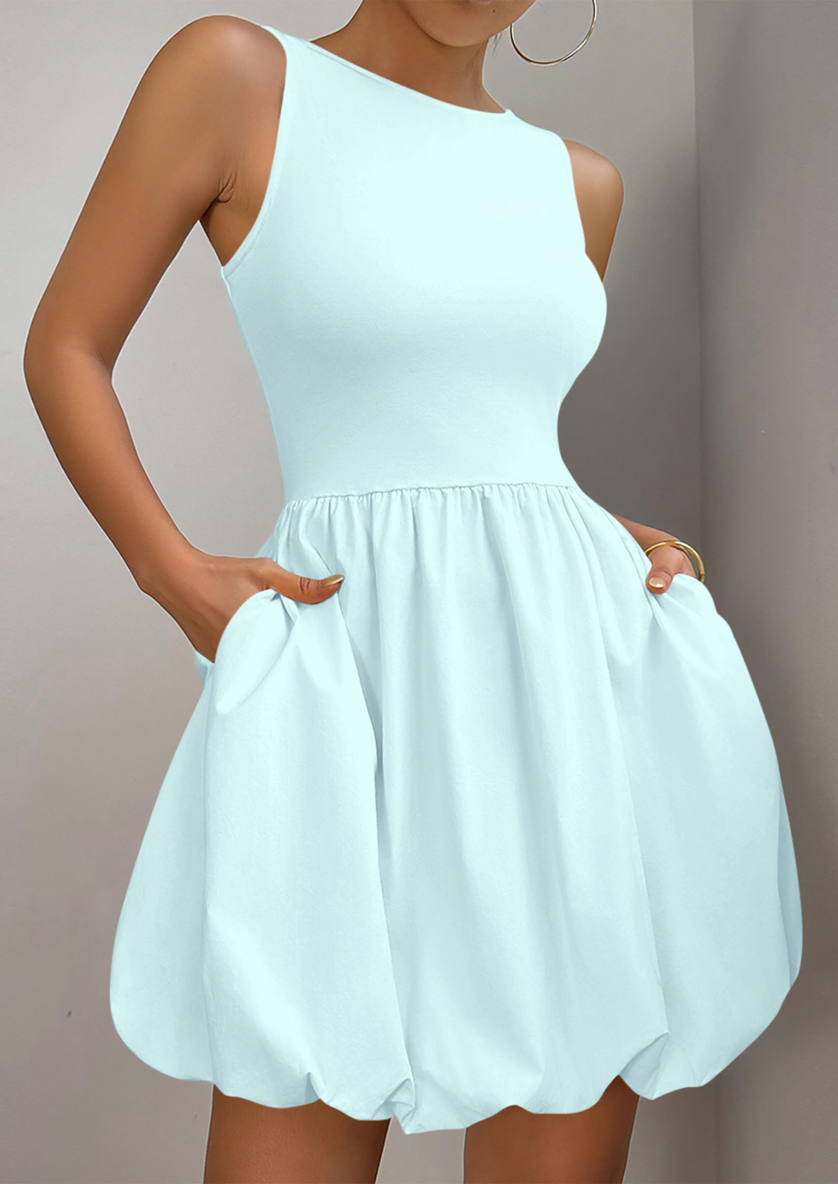 Womens Summer Bubble Sleeveless Mini Dress,Blue,S