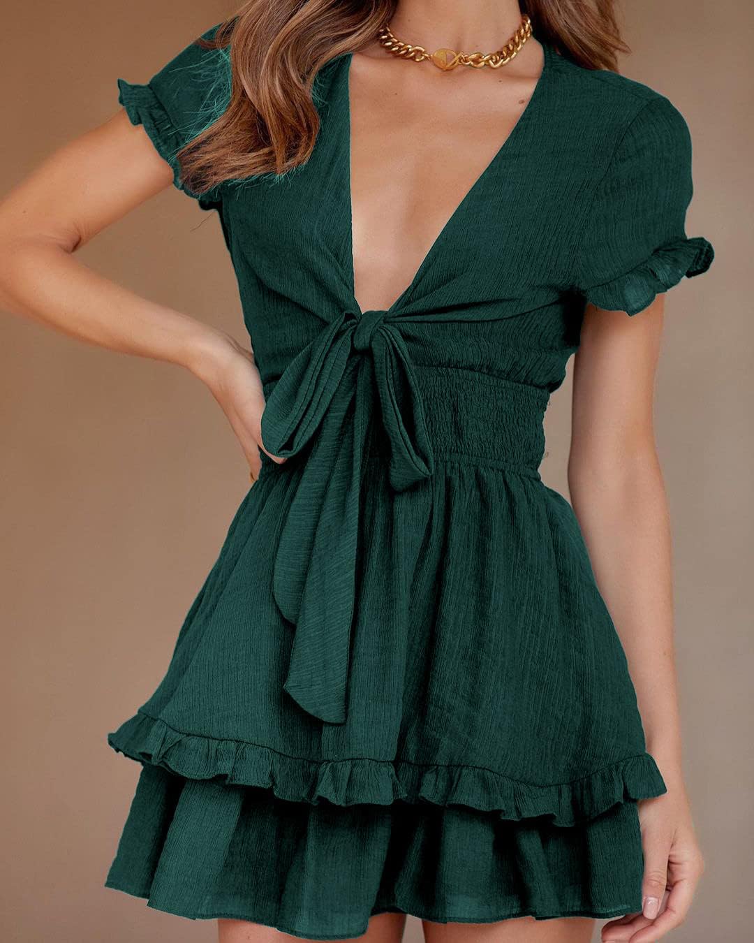 Women's Boho Floral Mini Tiered Bow Dress, Dark Green,S