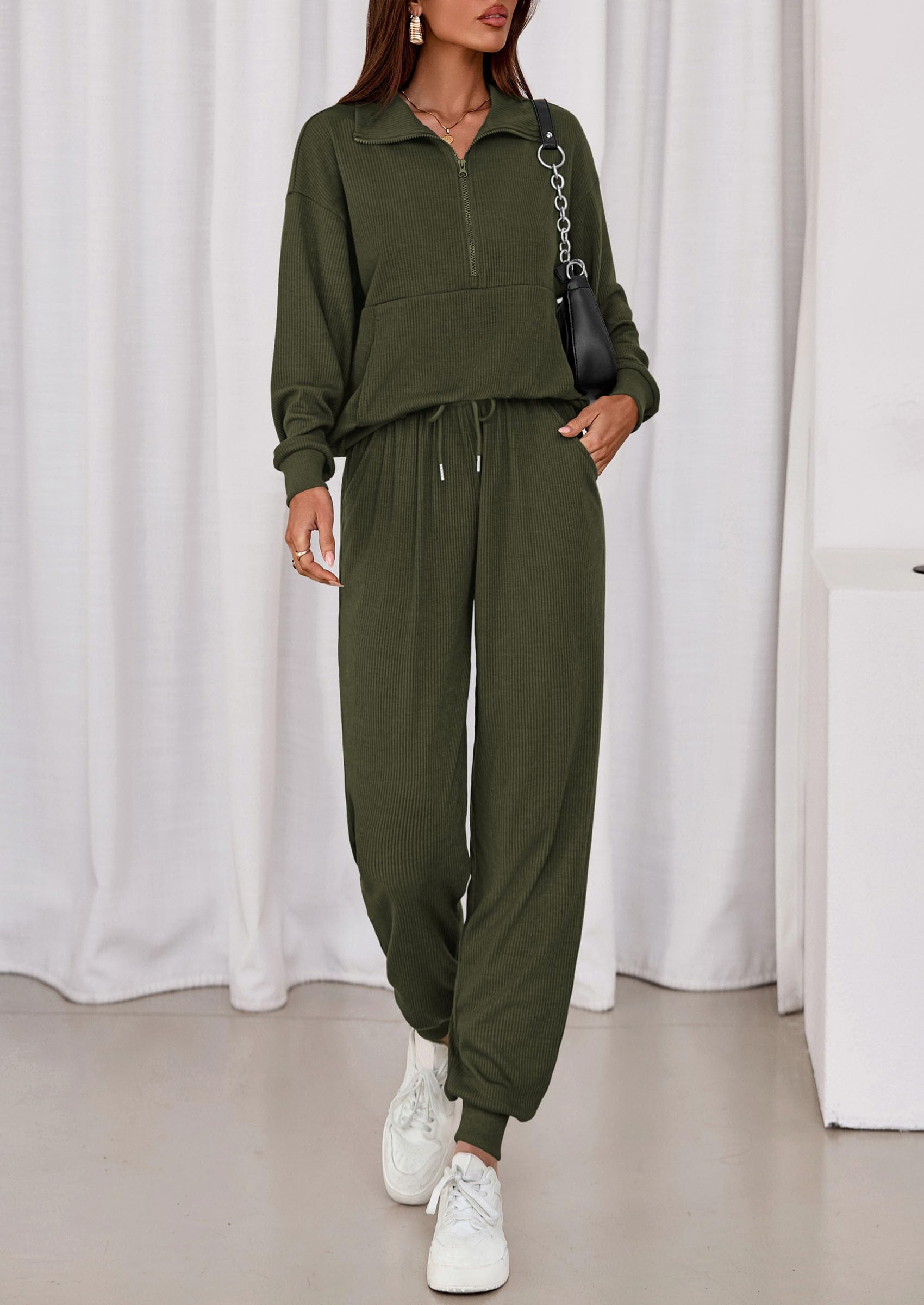 Airport Travel Outfit Women Ribbed Knit Matching Lounge Sets