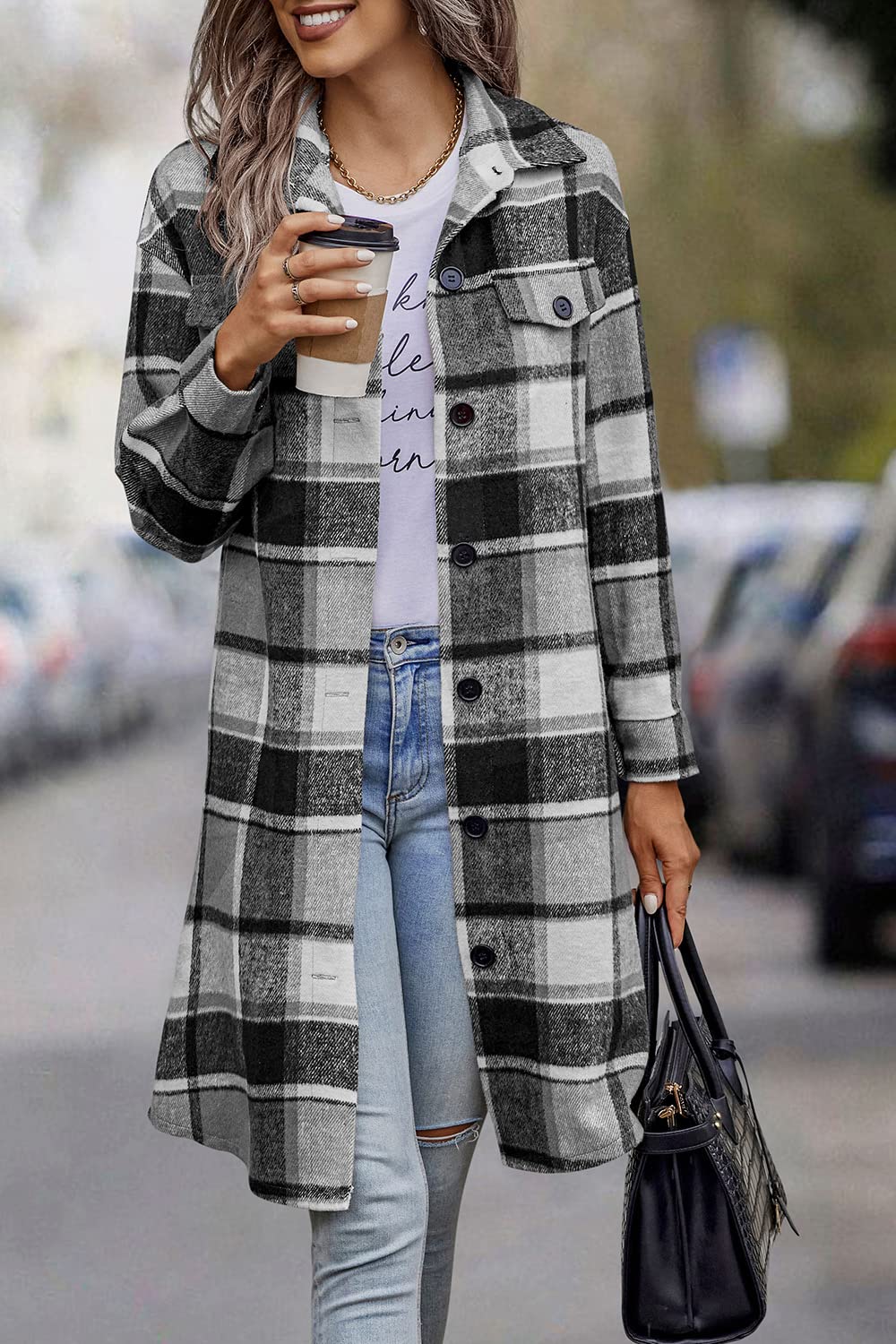 Womens Plaid Shacket Jacket Flannel Shirts,Grey,S