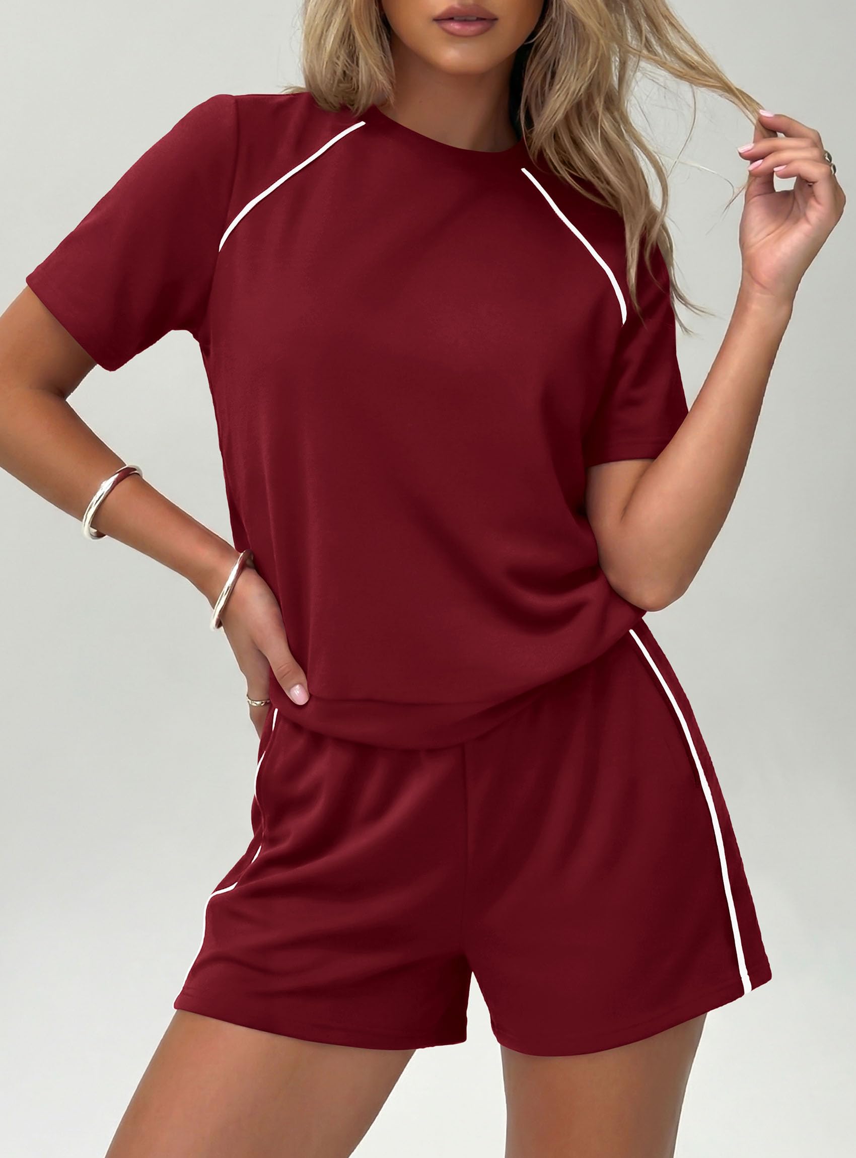 Womens 2 Piece Short Sets Casual Summer Outfits, Burgundy,S