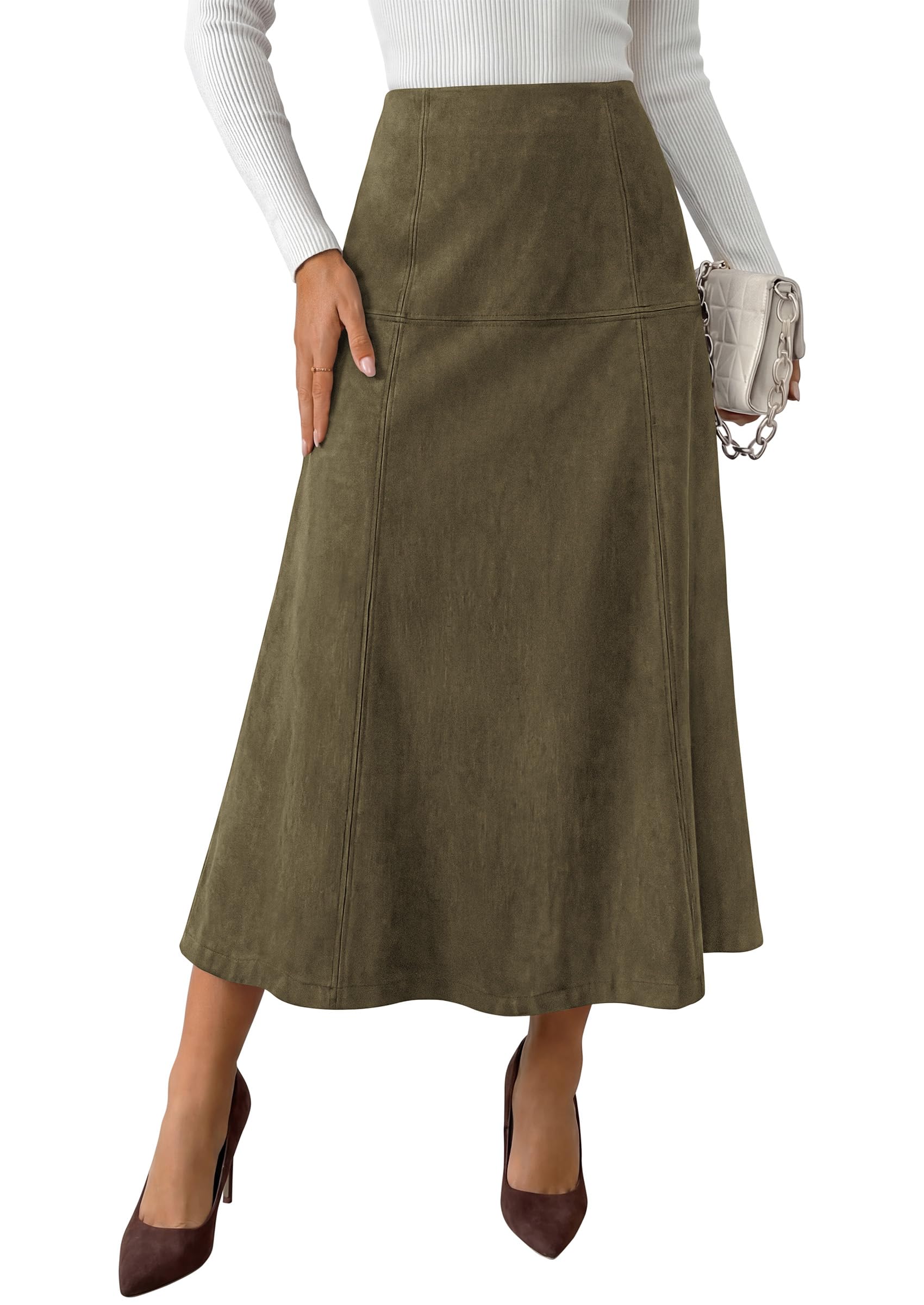 Womens High Waist Faux Suede A Line Midi Skirt,Army Green,S