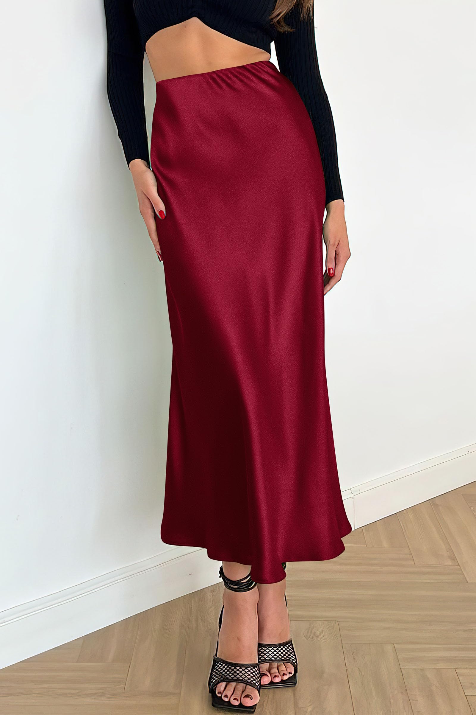 Women's Satin Midi Skirts Dressy Casual,Wine Red,S