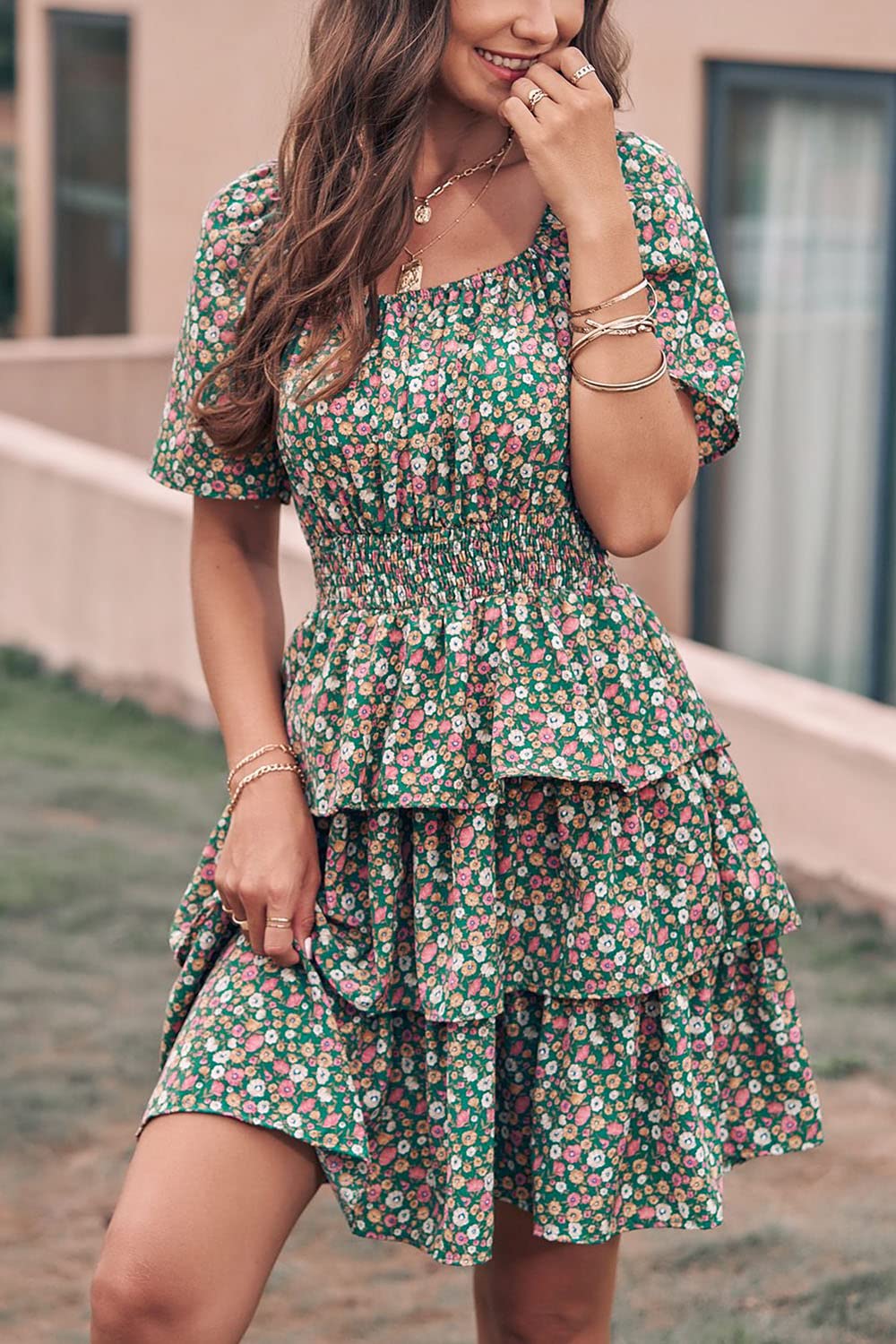 Women's Summer Floral Ruffle Short Dress Dark Green,S