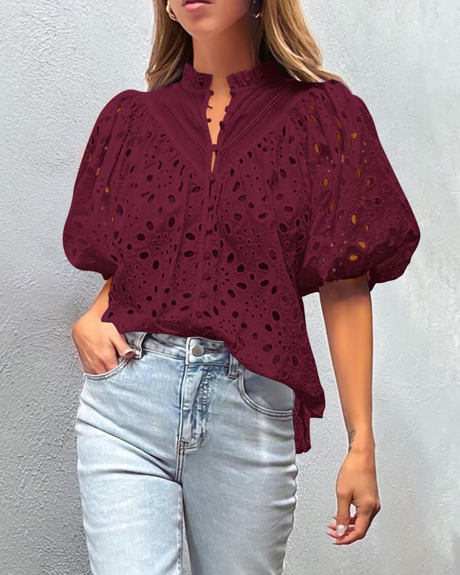 Womens Tops Boho Eyelet Puff Sleeve Blouse, Wine Red,S