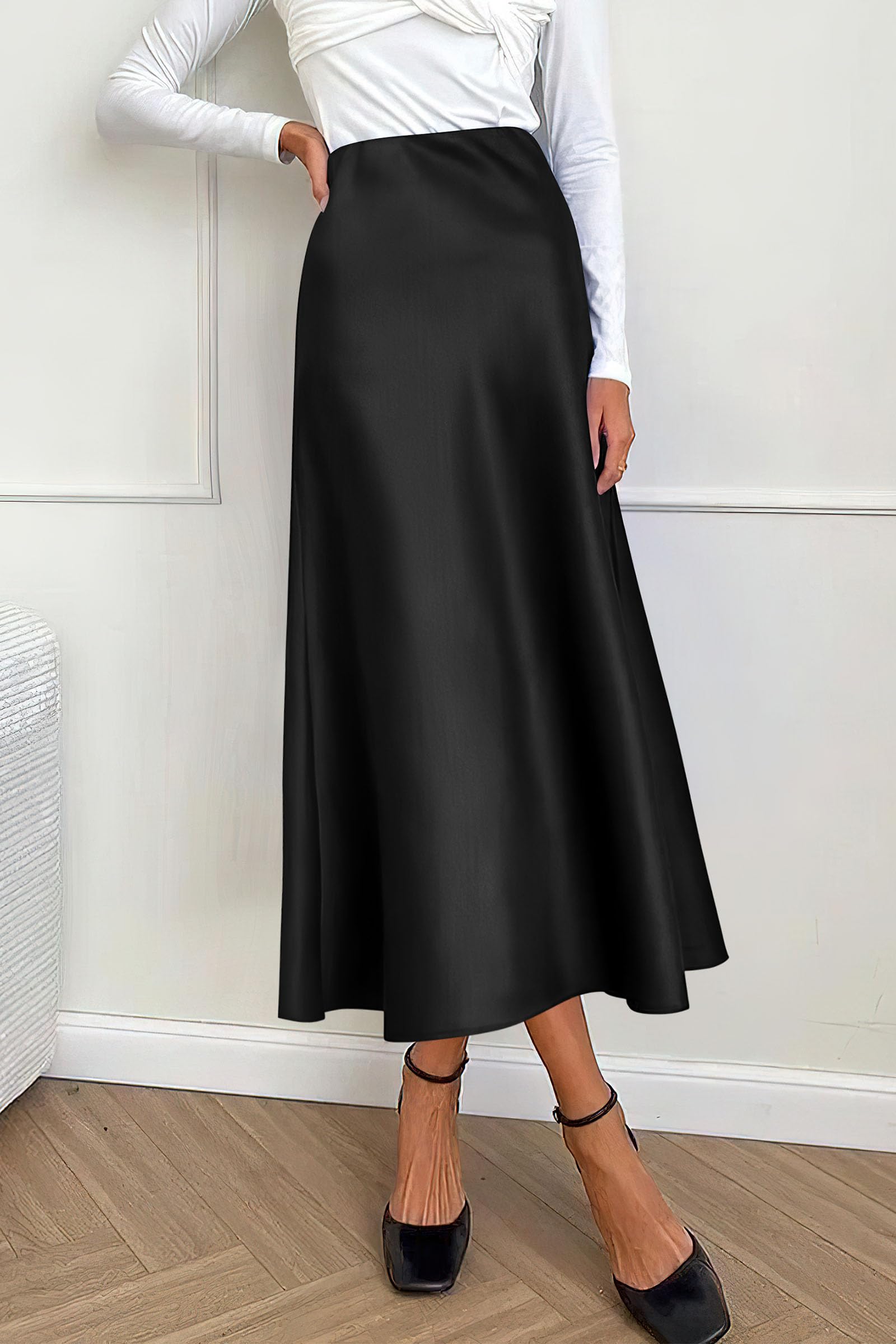 Women's Satin Midi Skirts Dressy Casual,Black,S