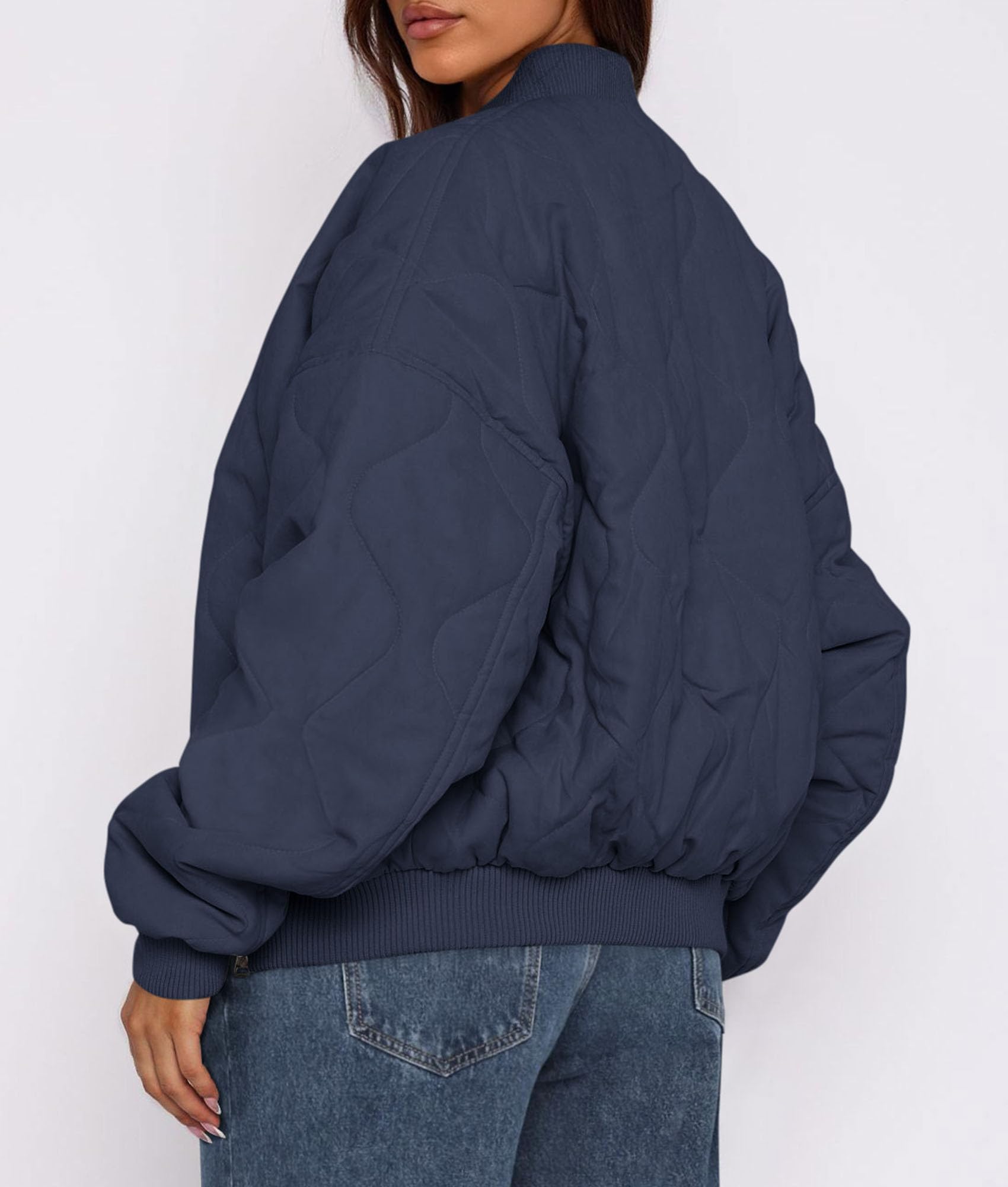 Women's Quilted Bomber Jacket Fall Fashion 2026 Lightweight Cropped Zip up Outerwear Winter Puffer Coats Pockets (Navy Blue,Small)