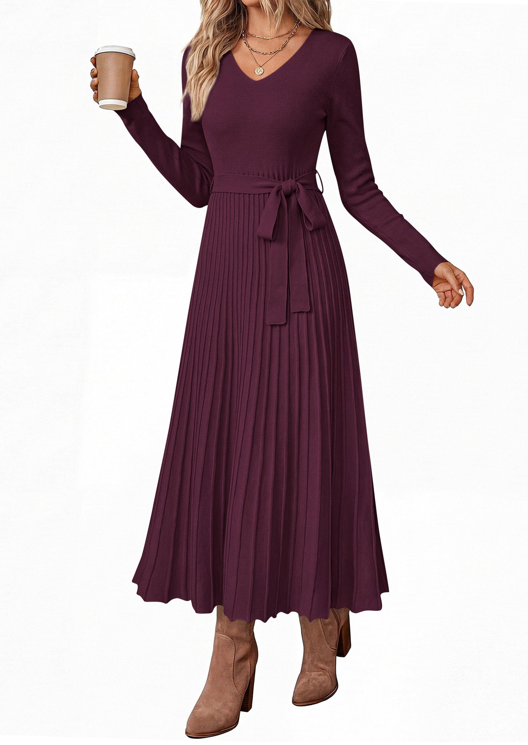Womens Fall Maxi Long Sleeve Sweater Dress,Wine Red,S