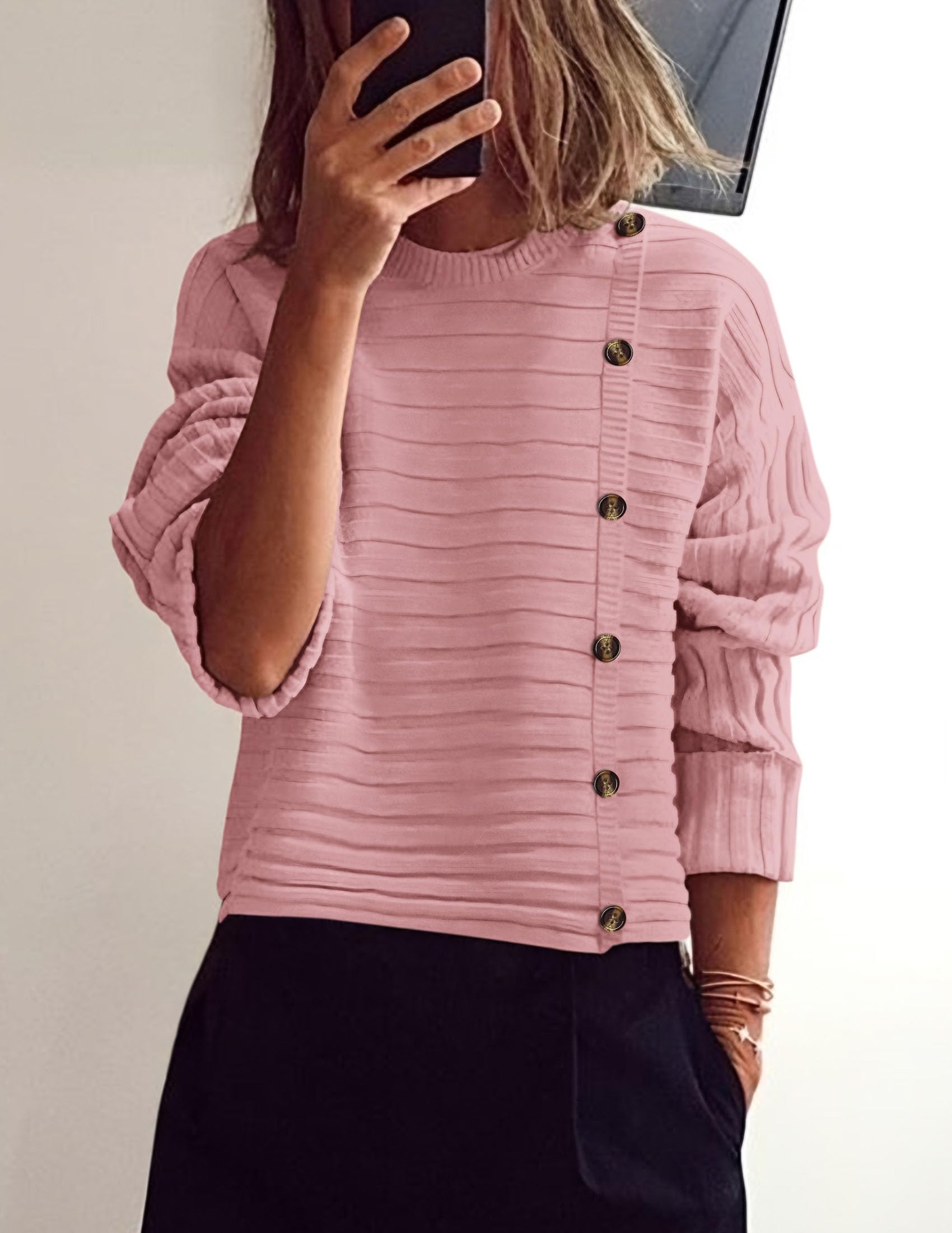 Womens Asymmetric Button Long Sleeve Sweater,Pink,M