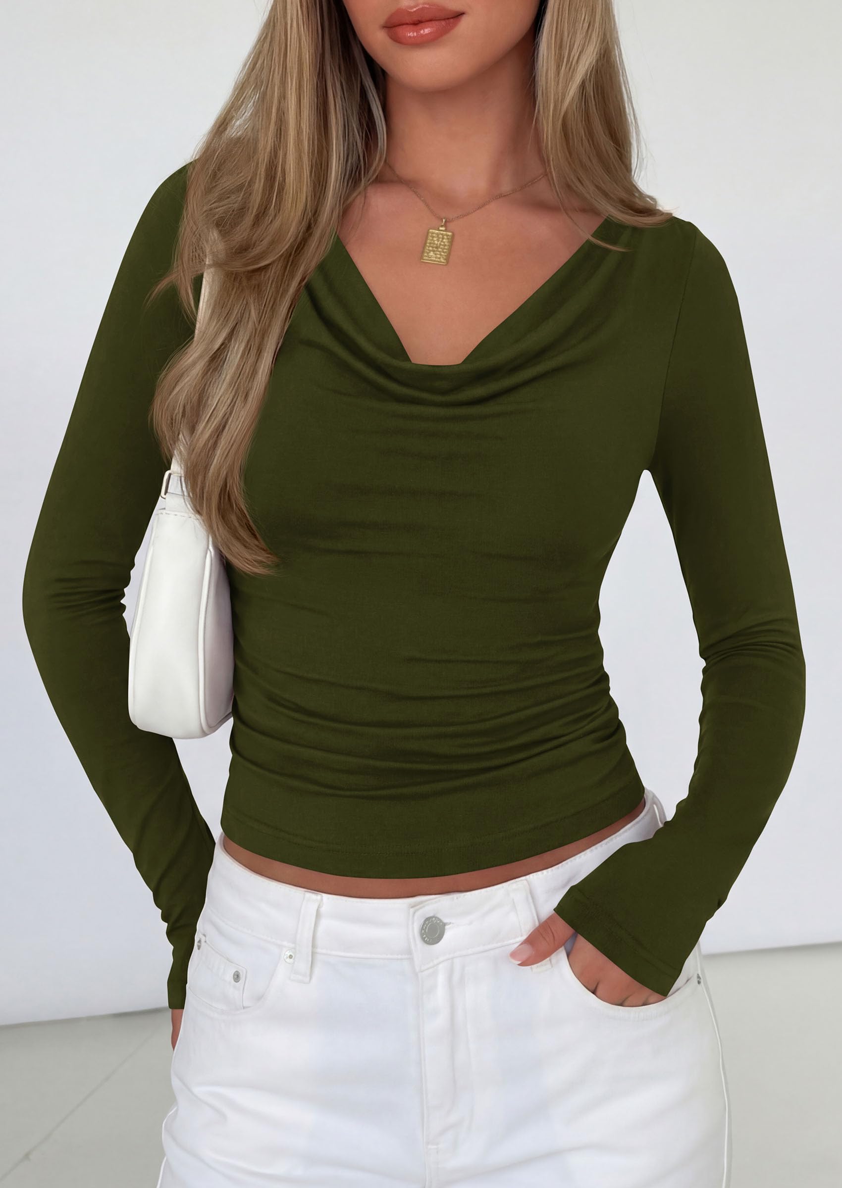 Women's Cowl Neck Long Sleeve Shirts (Army Green,XS)