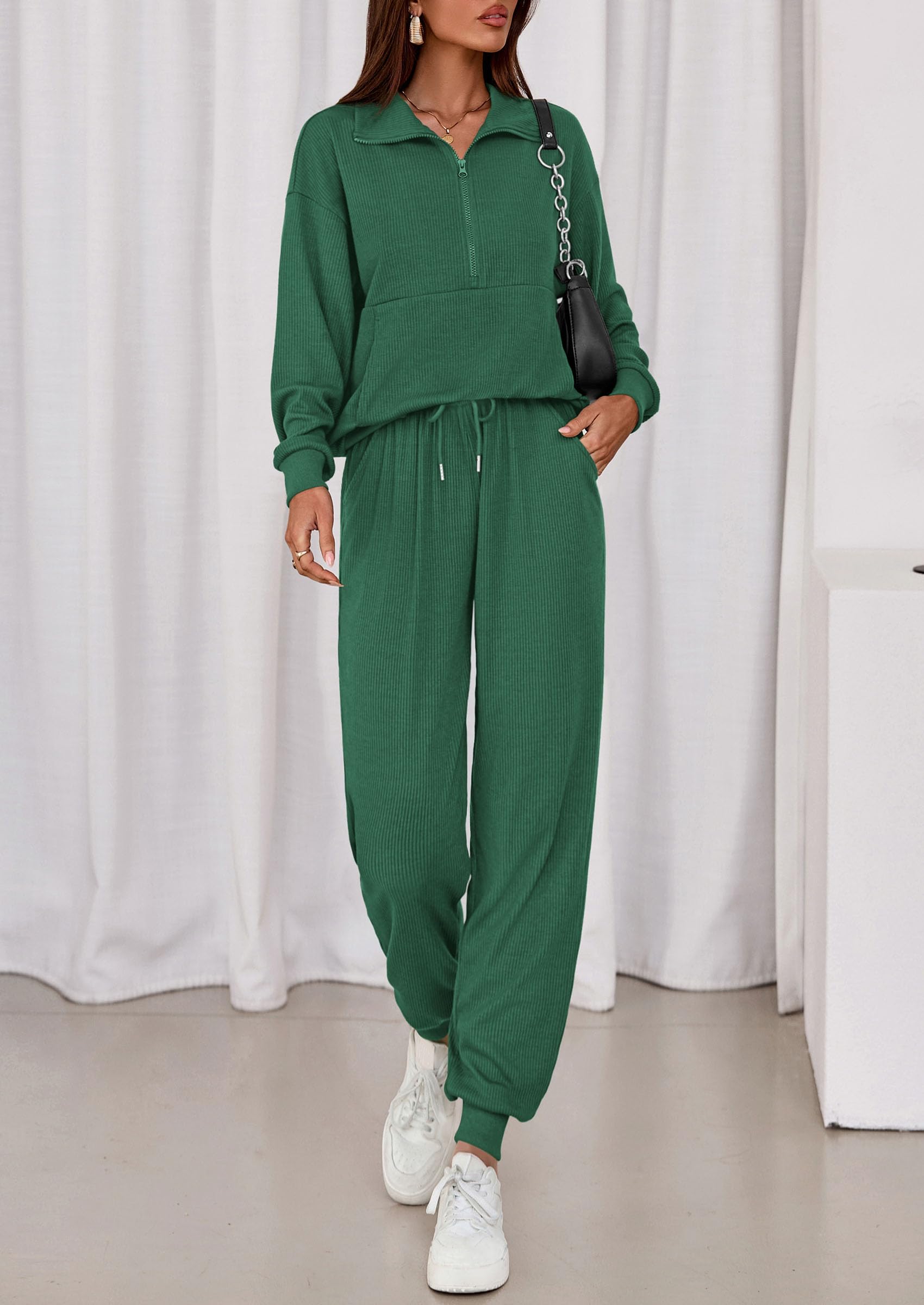 Airport Travel Outfit Women Ribbed Knit Matching Lounge Sets