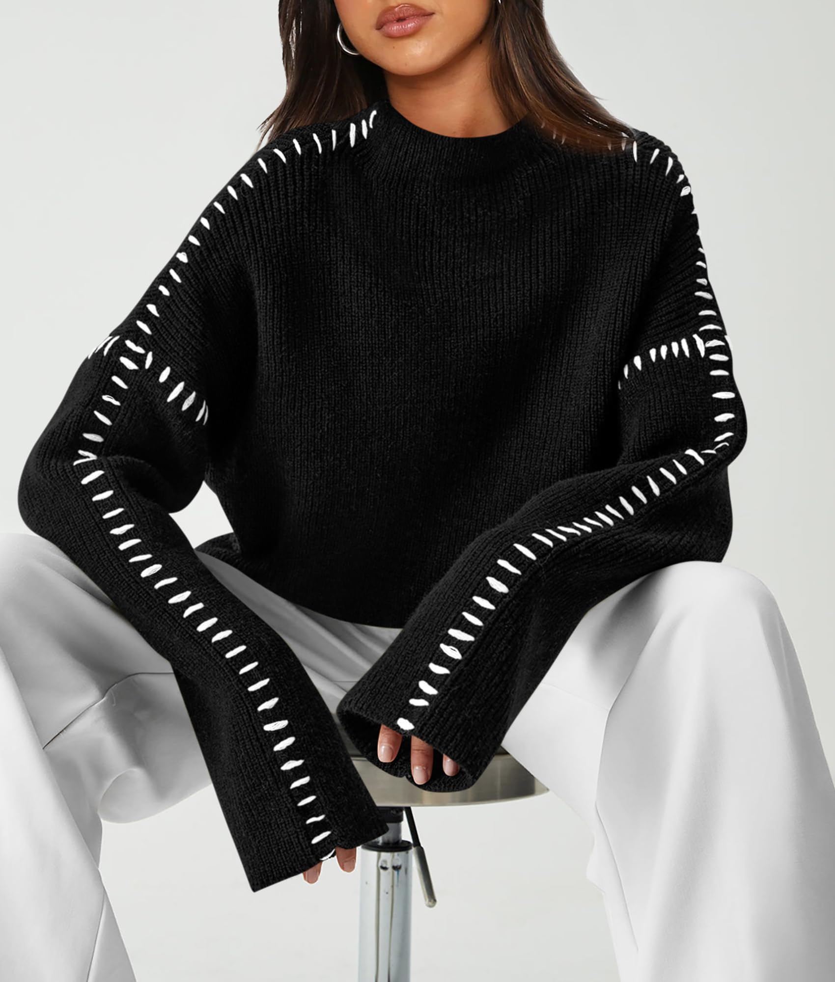 Womens Chunky Knit Oversized Pullover Sweaters,Black,S