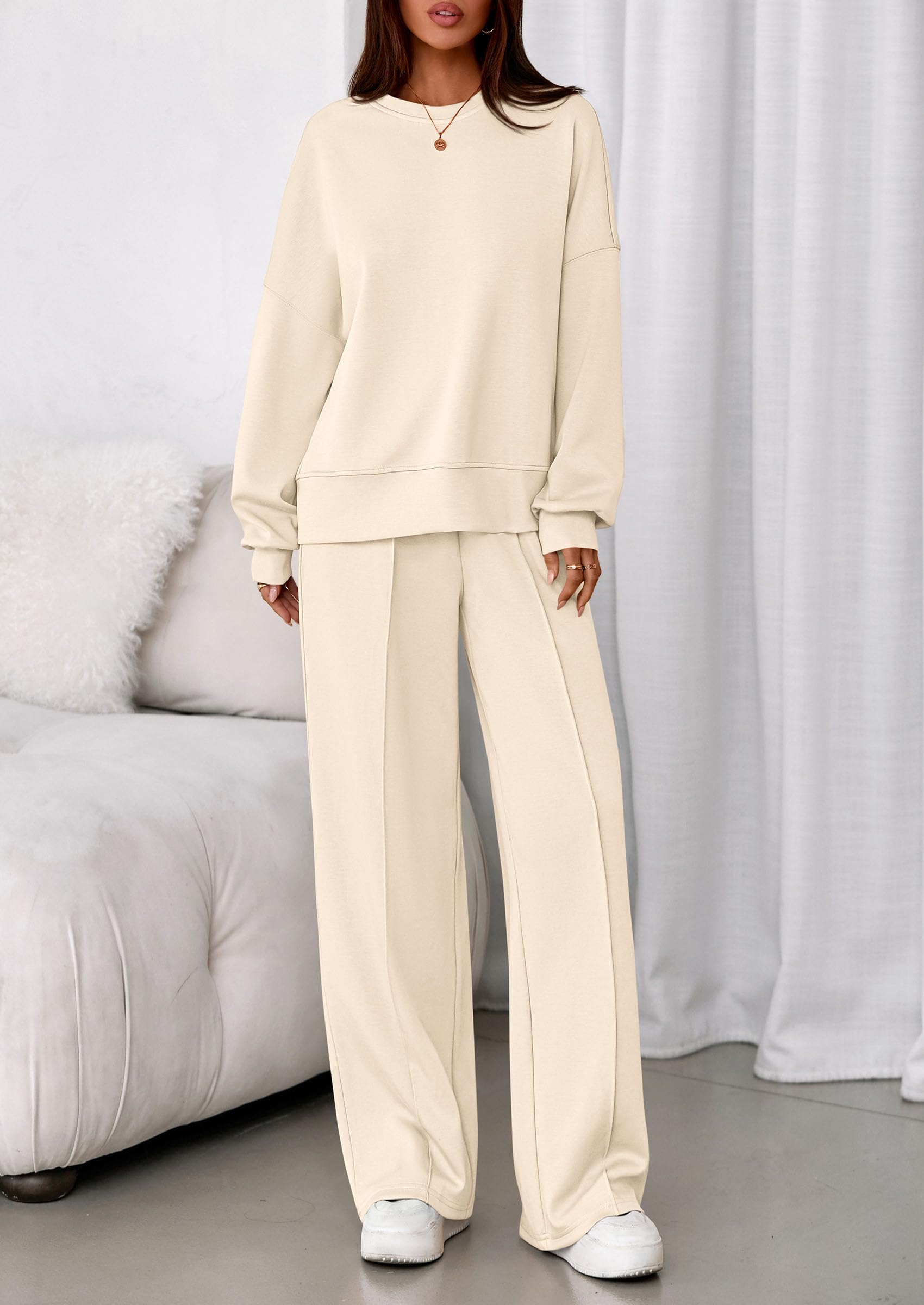 Womens Long Sleeve Sweatshirt 2 Piece Sets,Beige,S