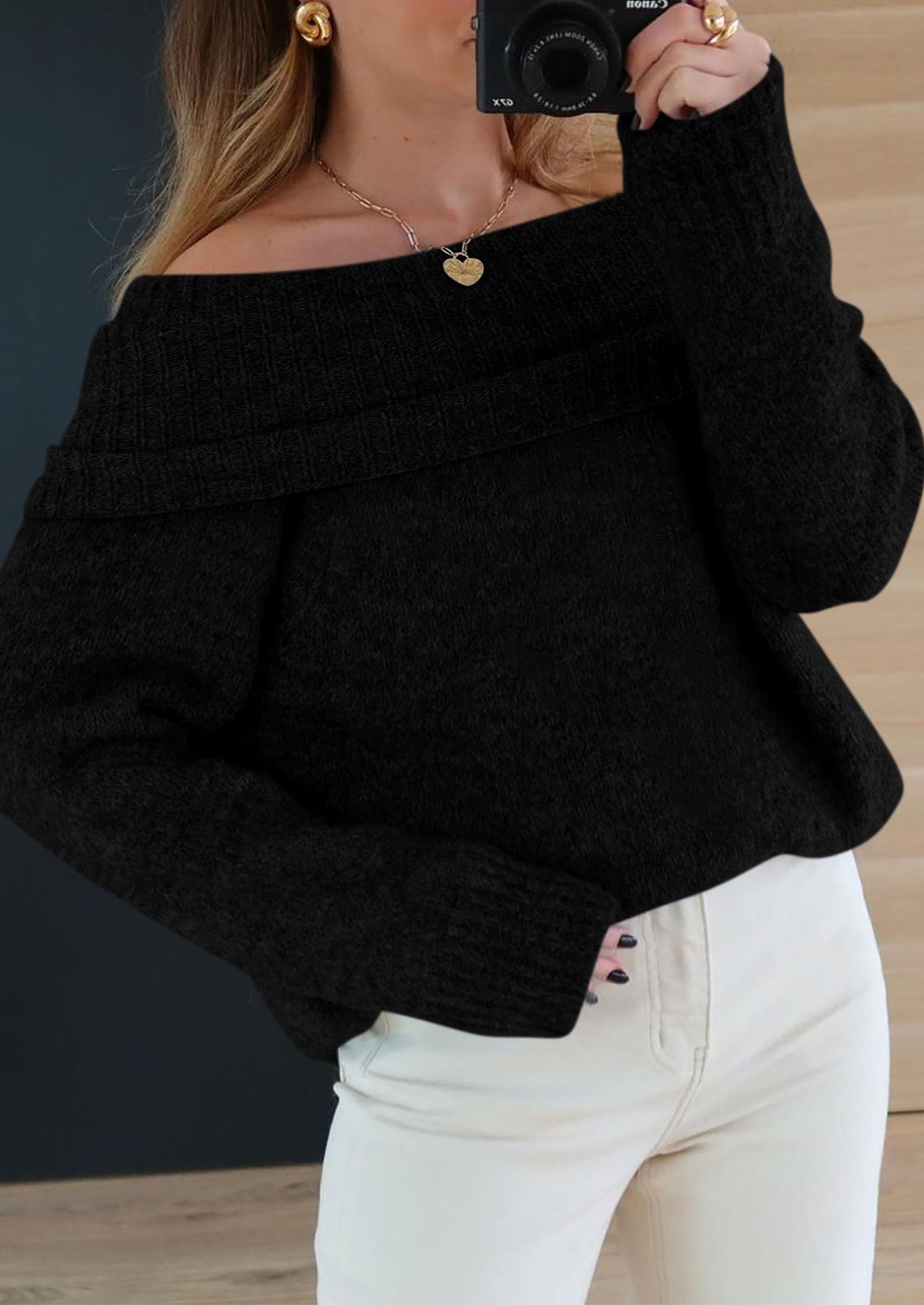 Women's Fall Off The Shoulder Sweater,Black,S