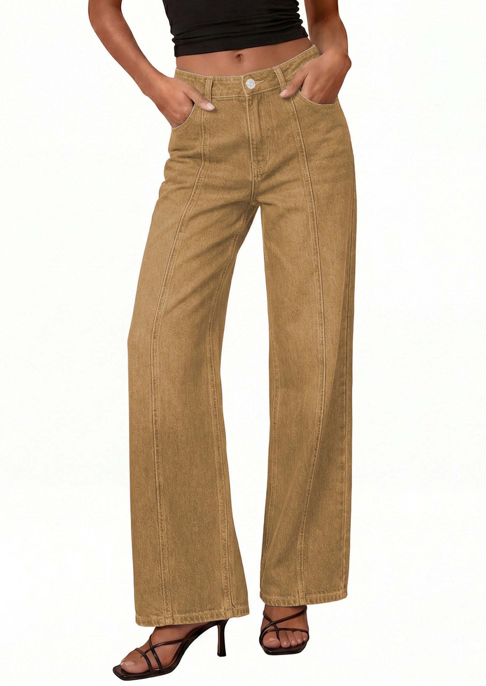 Women's Wide Leg Jeans Stretchy Baggy Denim Pants,Camel,4