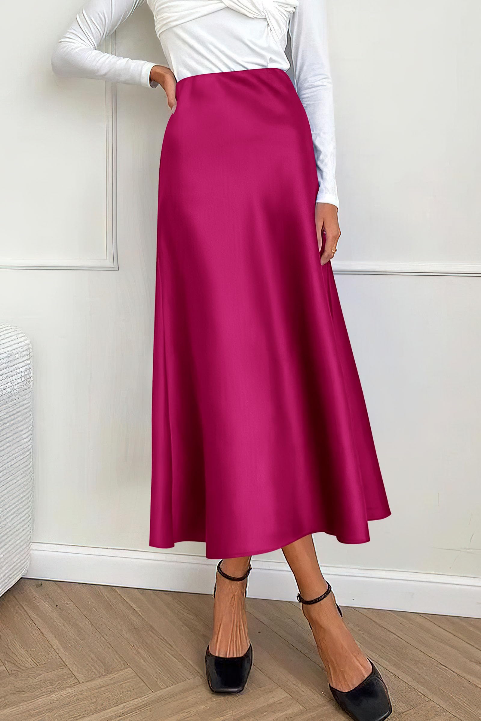Women's Satin Midi Skirts Dressy Casual,Rose Red,S