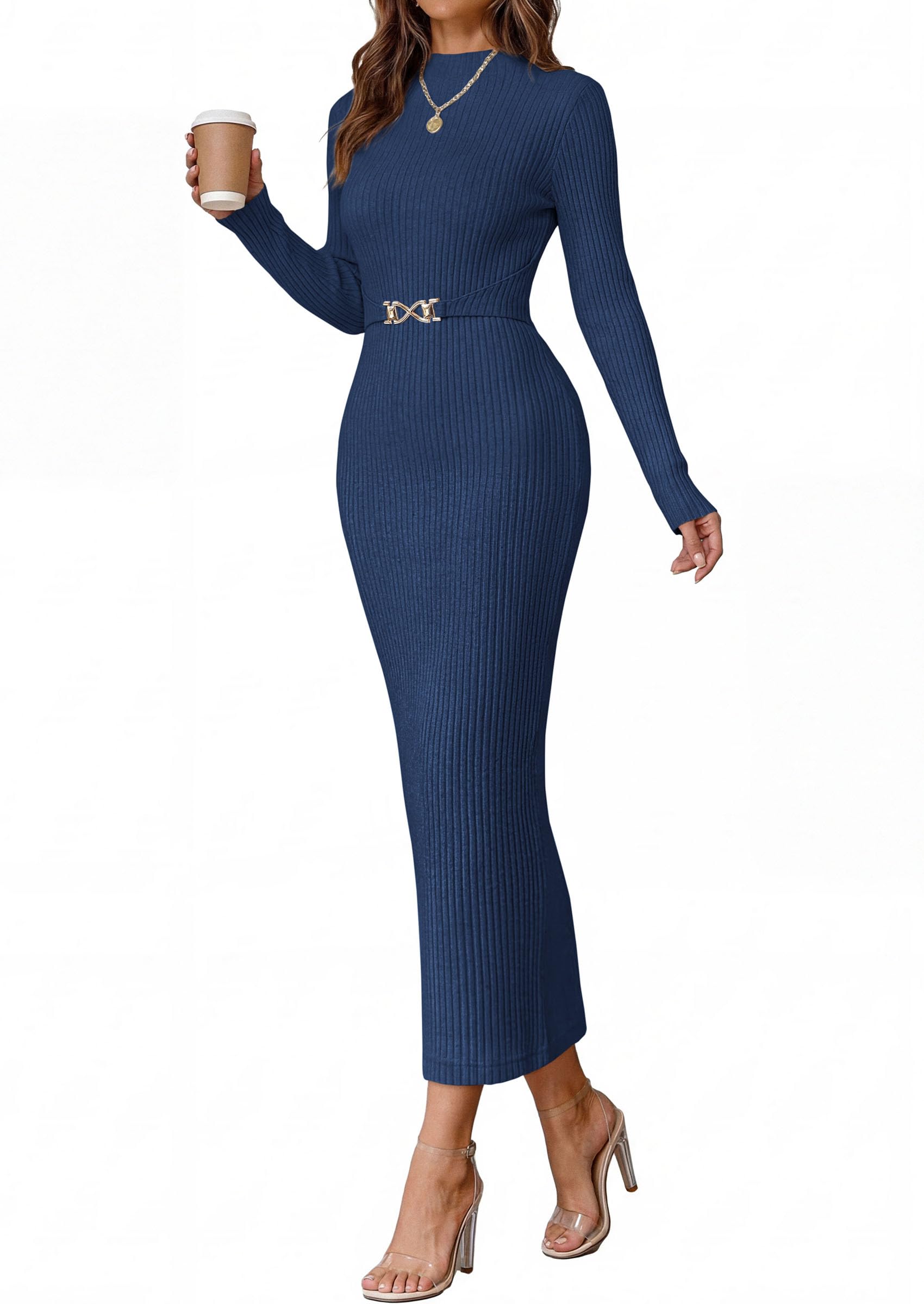 Women's Long Sleeve Bodycon Maxi Sweater Dress Navy Blue,XS